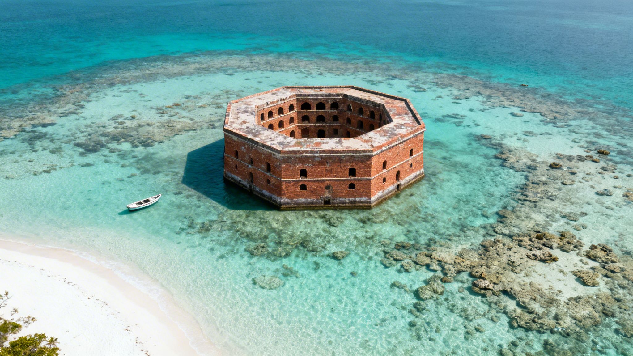 Aerial view of a historic hexagonal brick fort surrounded by turquoise ocean, with a boat and beach.