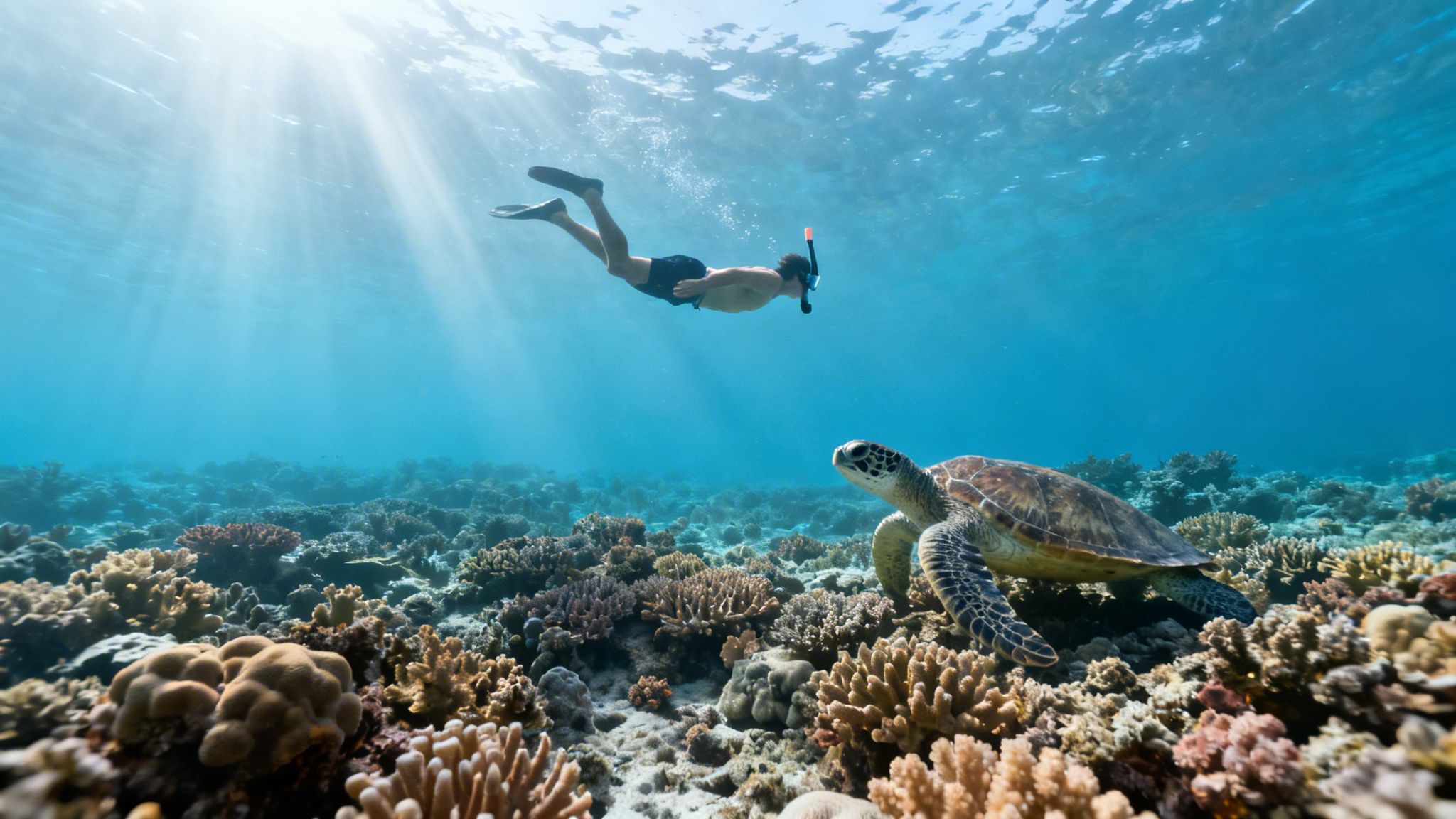 A person in snorkeling gear swims above a sea turtle in a vibrant coral reef with sun rays.
