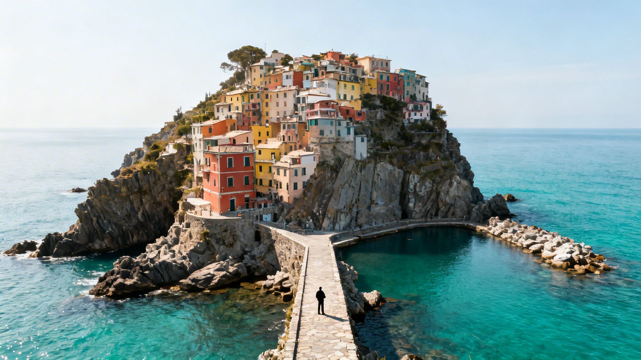 A vibrant, colorful town nestled on a rocky cliff, surrounded by the clear blue Mediterranean sea.