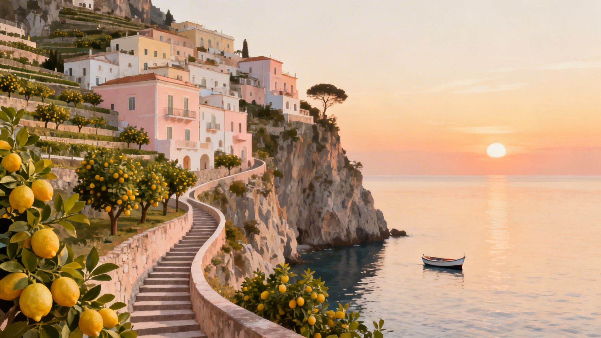 A scenic Italian coastal town with terraced lemon groves, a winding path, and houses overlooking a sunset sea.