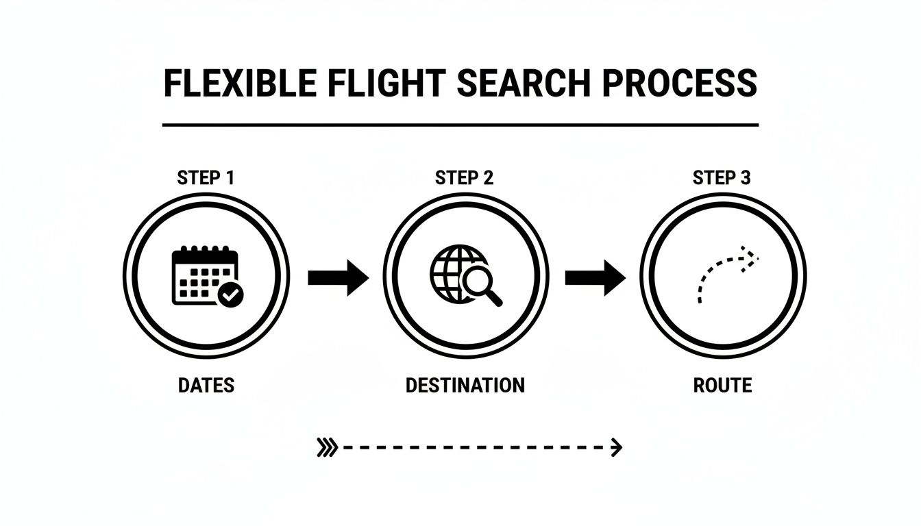 Diagram illustrating a flexible flight search process in three steps: dates, destination, and route.