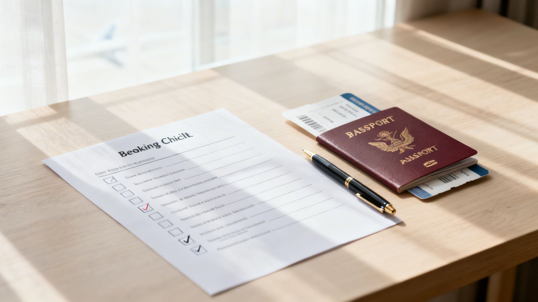 A wooden desk with a booking checklist, pen, passport, and airline tickets for travel planning.