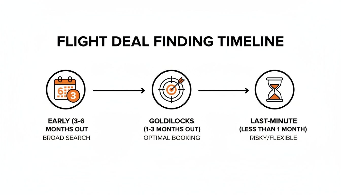 A flight deal finding timeline showing early, goldilocks, and last-minute booking windows.
