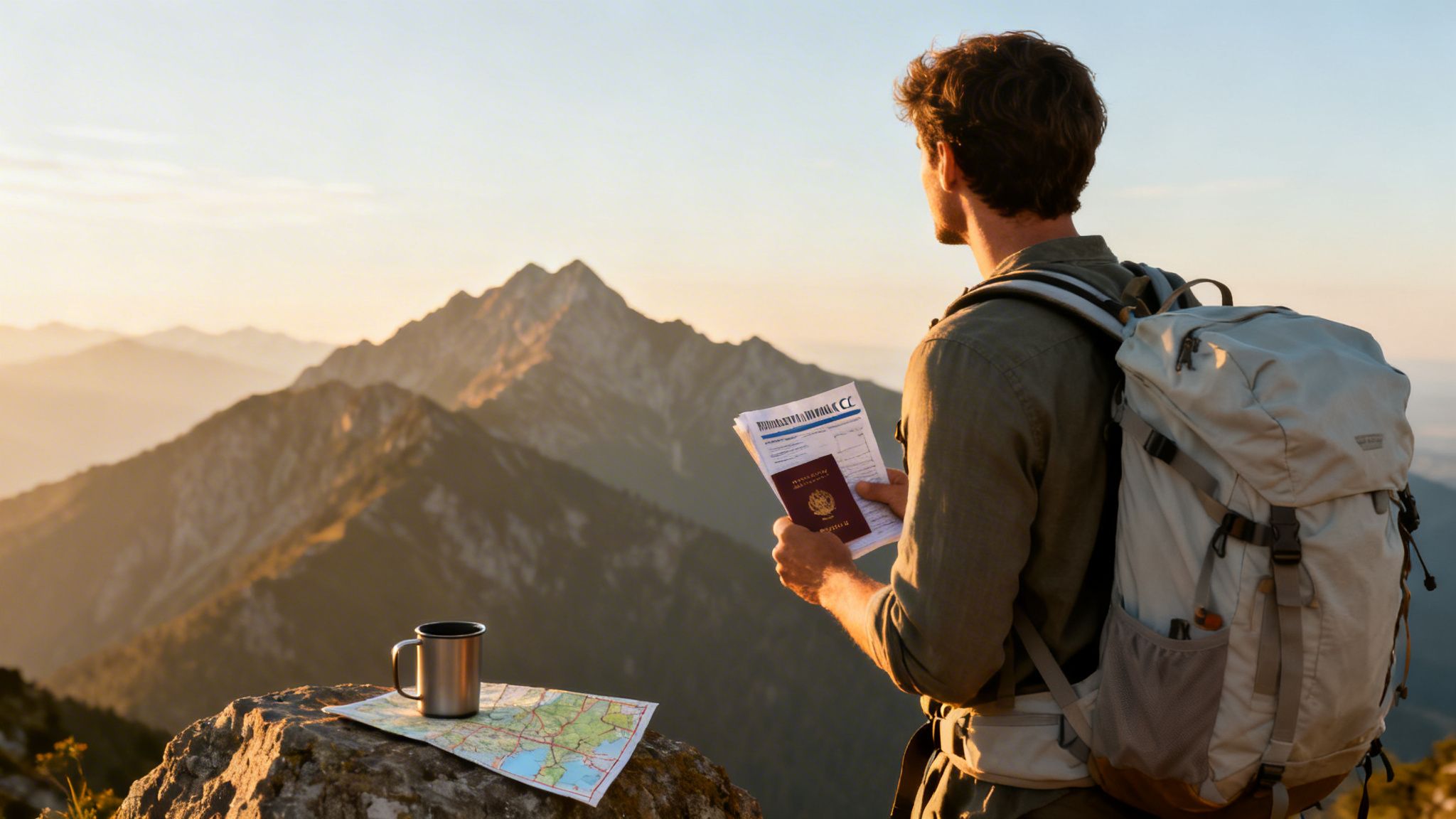 Man on a mountain peak holding travel documents and a passport, overlooking a scenic sunset.