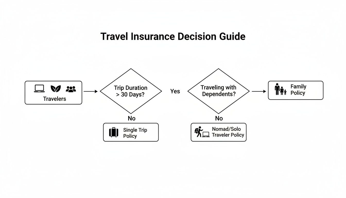 A flowchart titled 'Travel Insurance Decision Guide' to determine policy type based on trip duration and dependents.