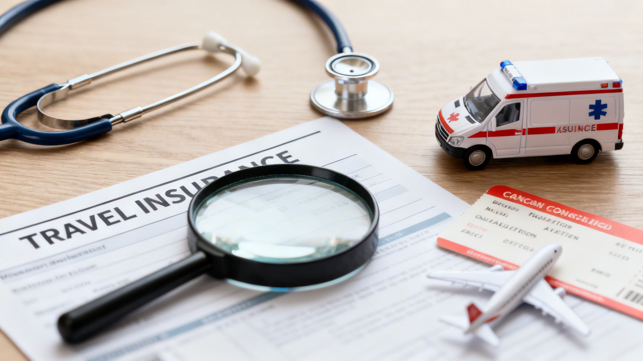 A flat lay featuring travel insurance documents, a stethoscope, toy ambulance, and airplane model.