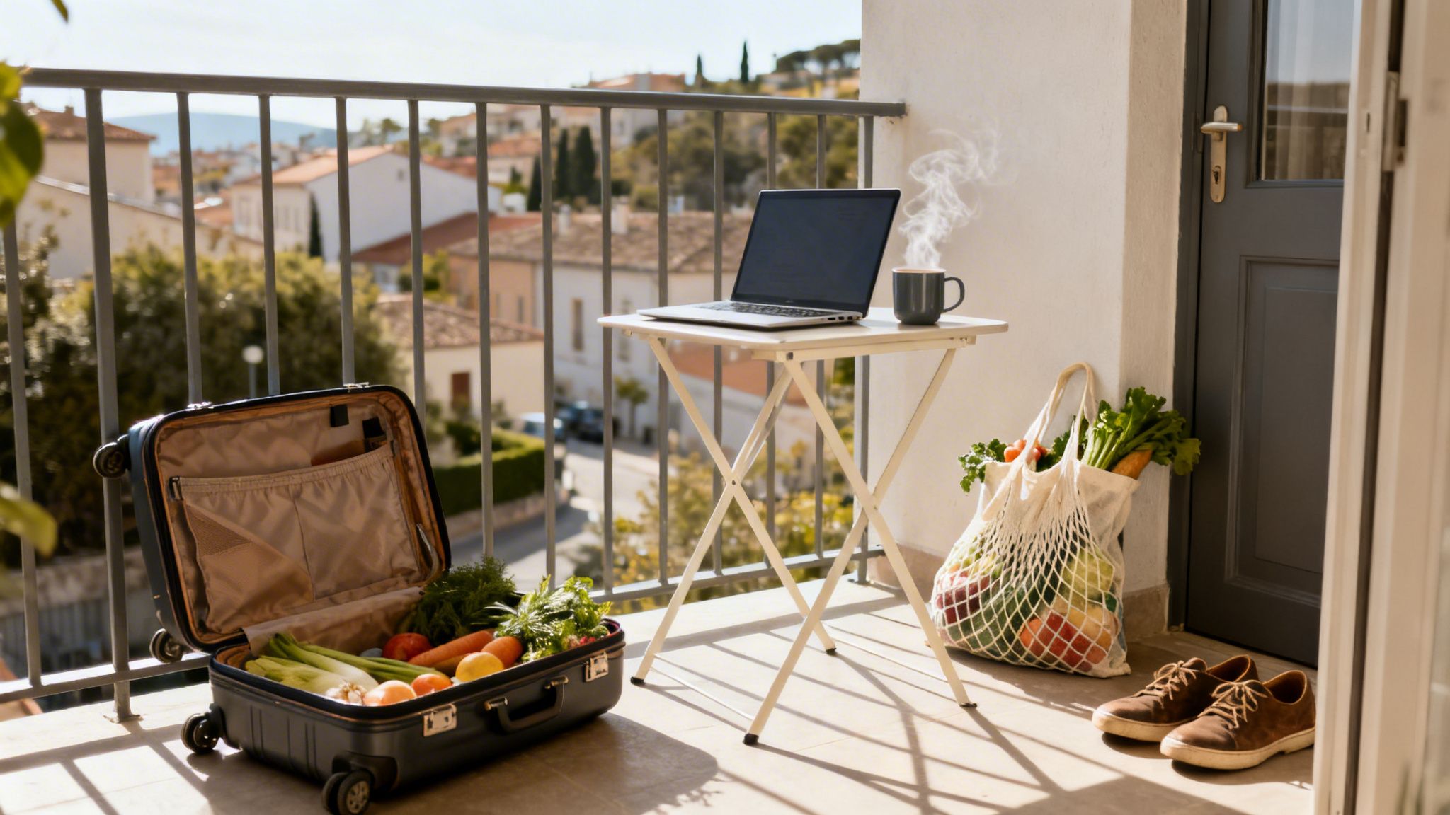 A sunny balcony with a laptop, steaming mug, and fresh groceries ready for a relaxing workation.