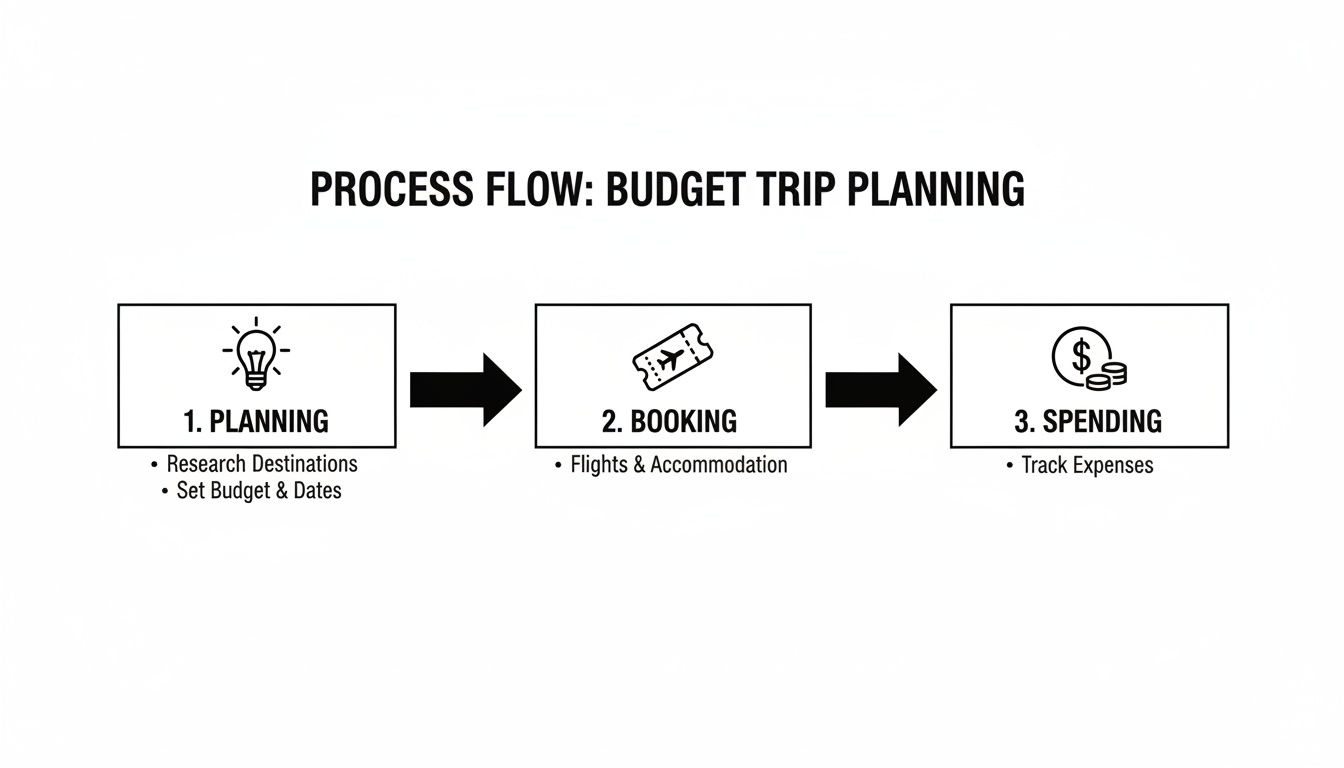 Detailed process flow for budget trip planning, outlining steps from planning to spending.