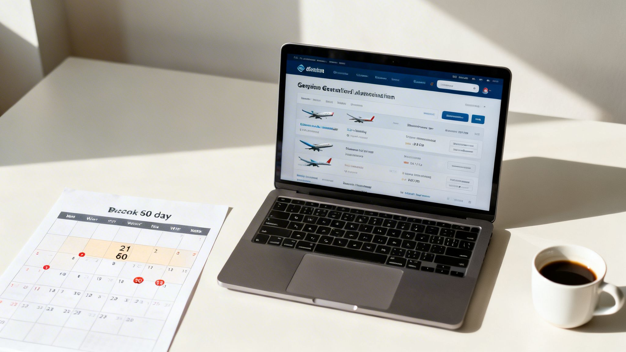A person's workspace with a laptop displaying a flight booking website, a calendar, and a coffee mug.
