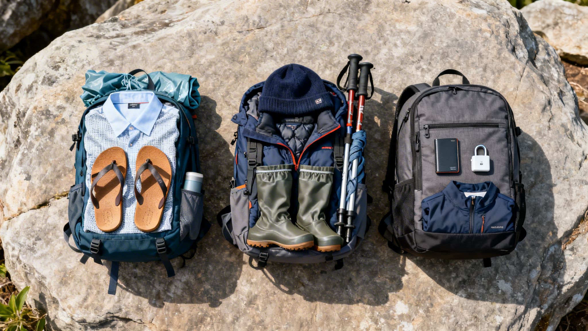 Three detailed flat lays of travel backpacks packed with outdoor gear, clothing, and accessories on a rock.