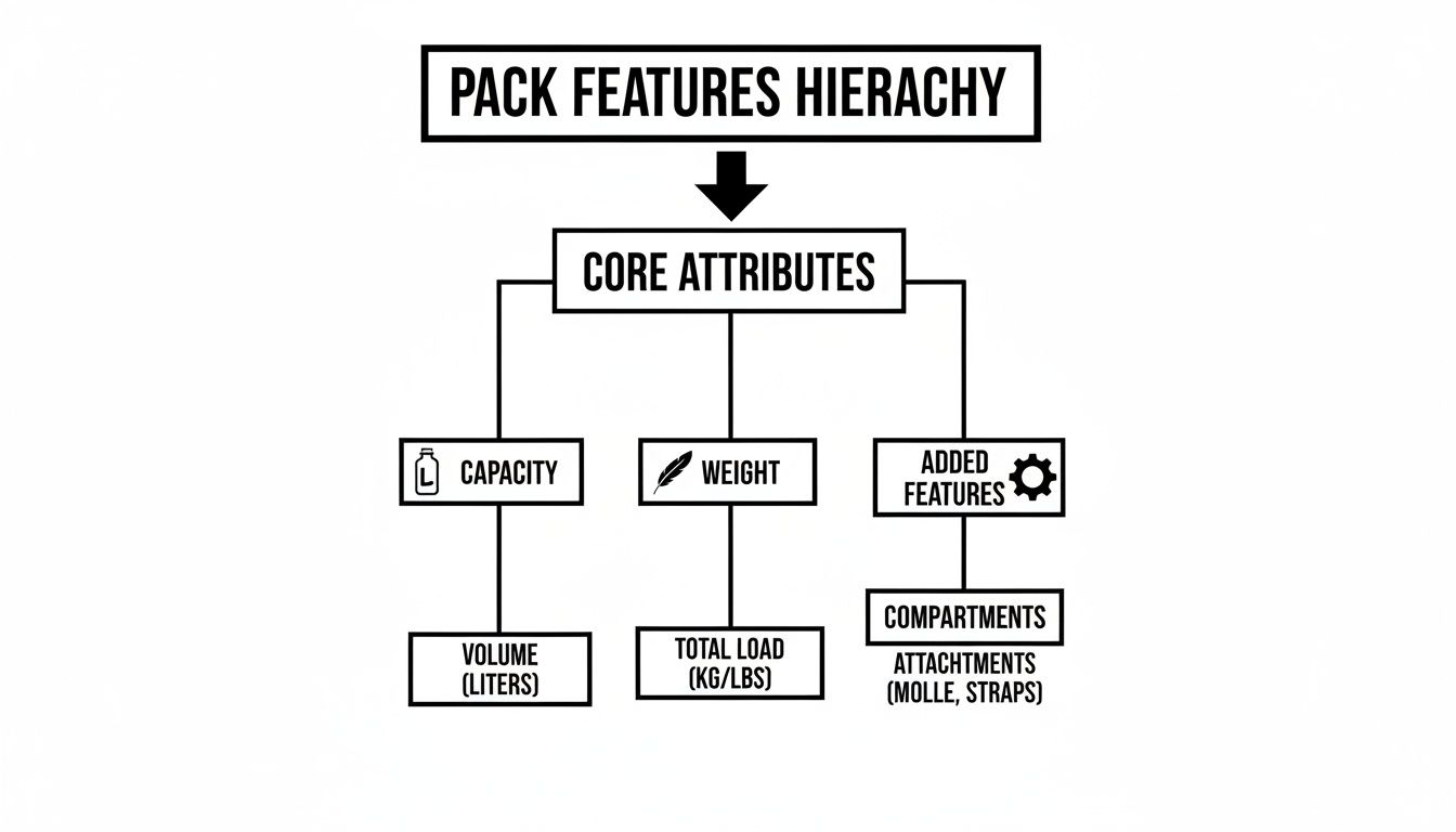 A hierarchical diagram showing pack features, including core attributes like capacity, weight, and added features.