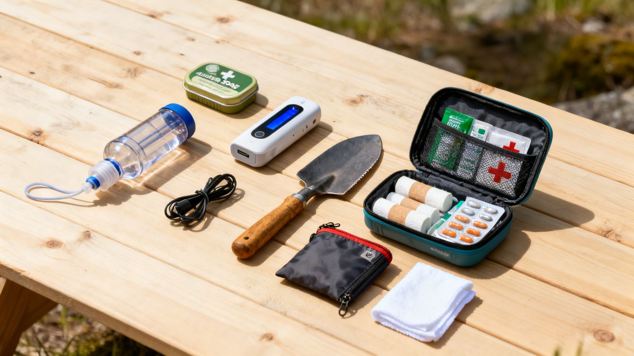 A collection of outdoor essentials, including a water bottle, first-aid kit, power bank, and trowel, displayed on a wooden table.