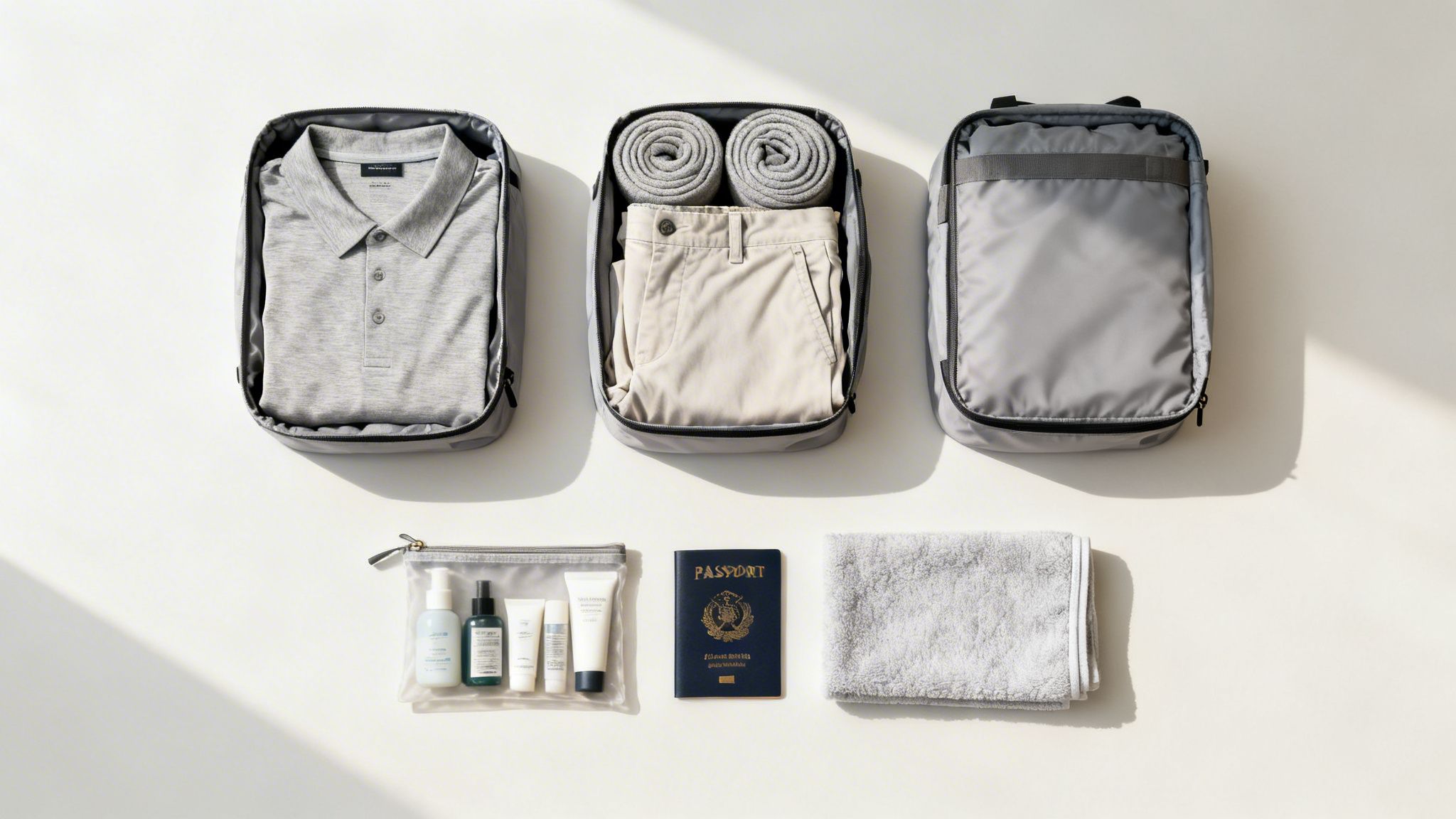 A flat lay of travel essentials, showcasing packing cubes with clothes, toiletries, a passport, and a towel.