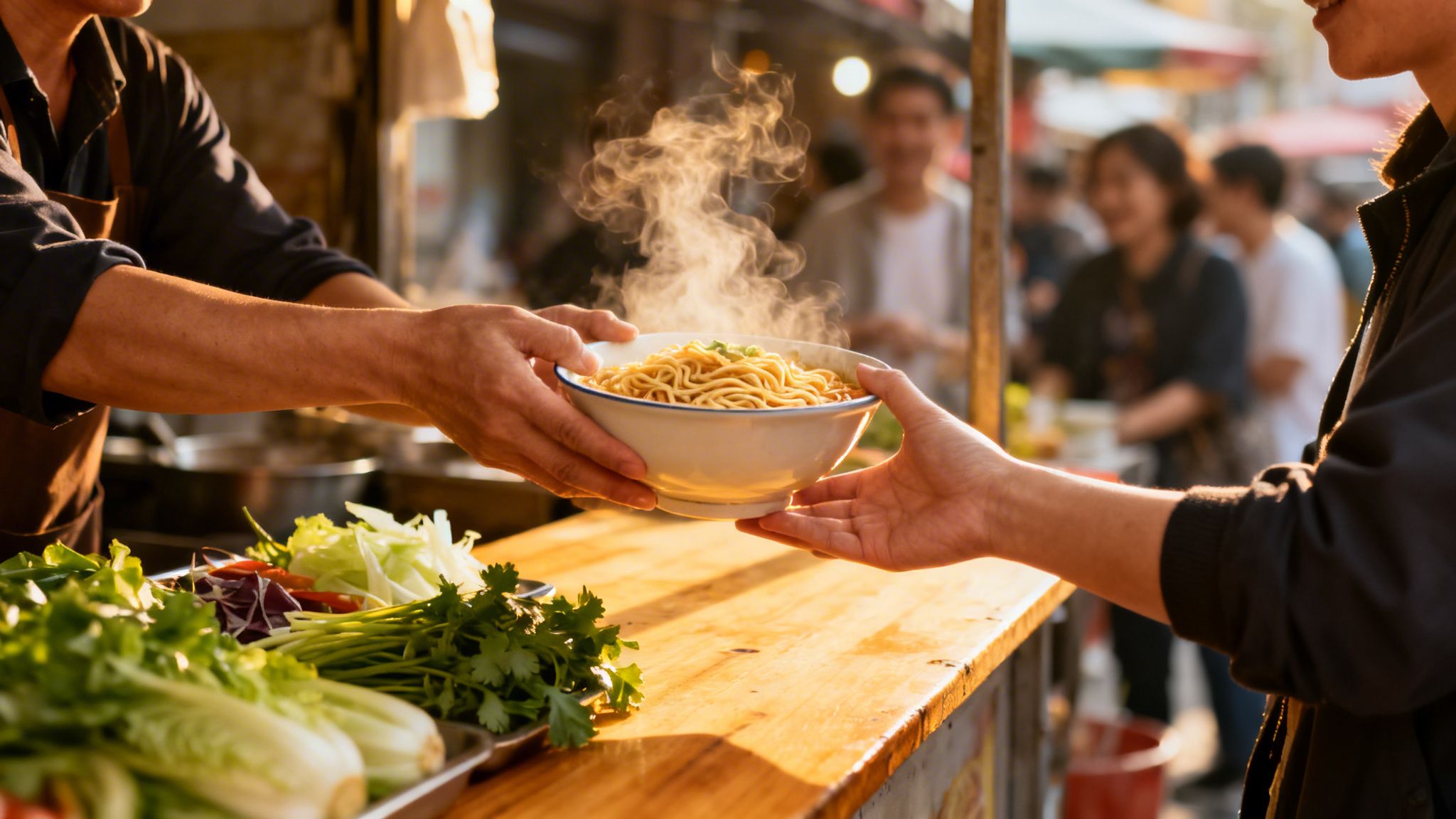 A vendor hands a steaming bowl of noodles to a customer at a vibrant street food stall.