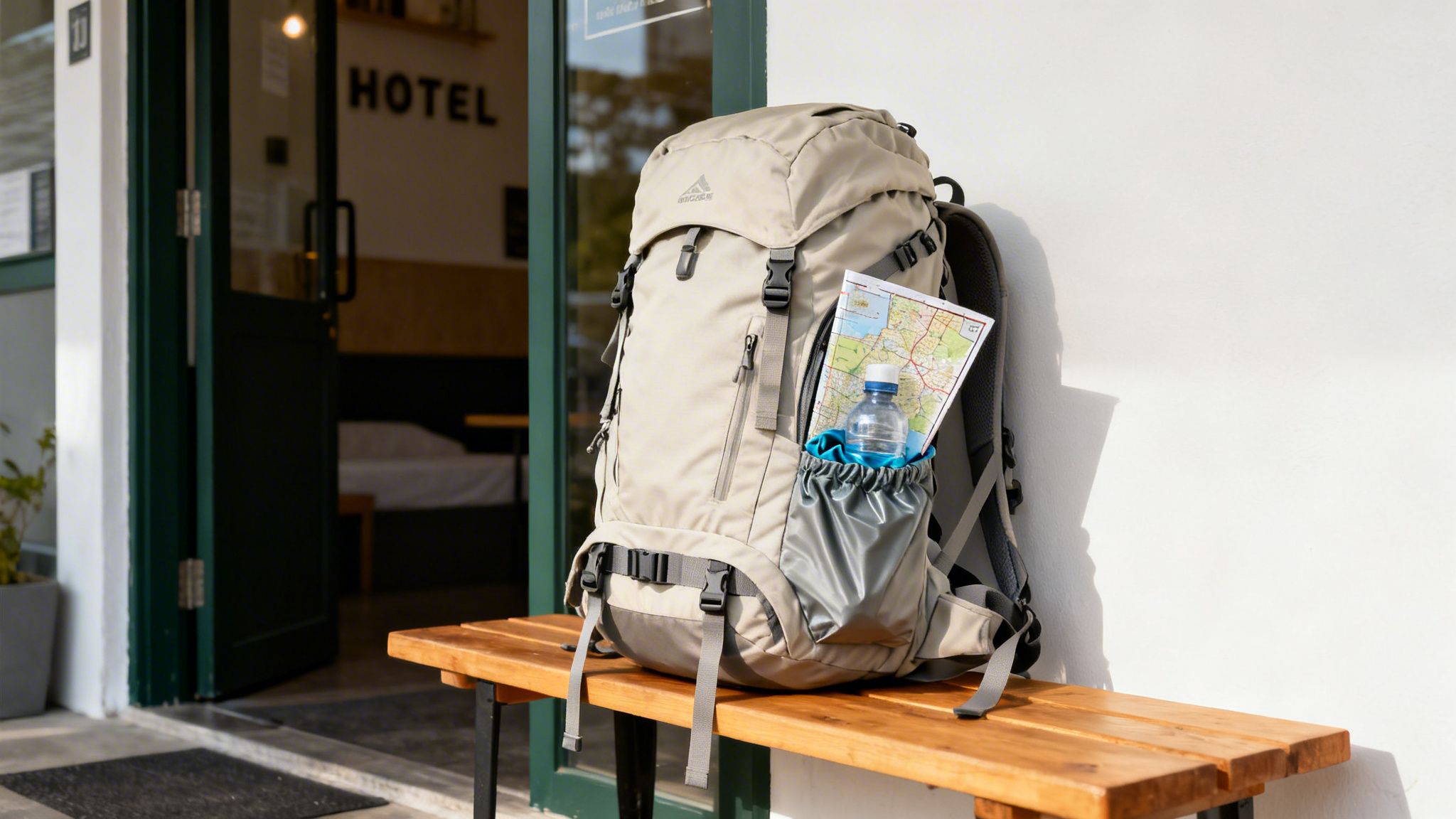 A travel backpack with a map and water bottle on a wooden bench outside a hotel.