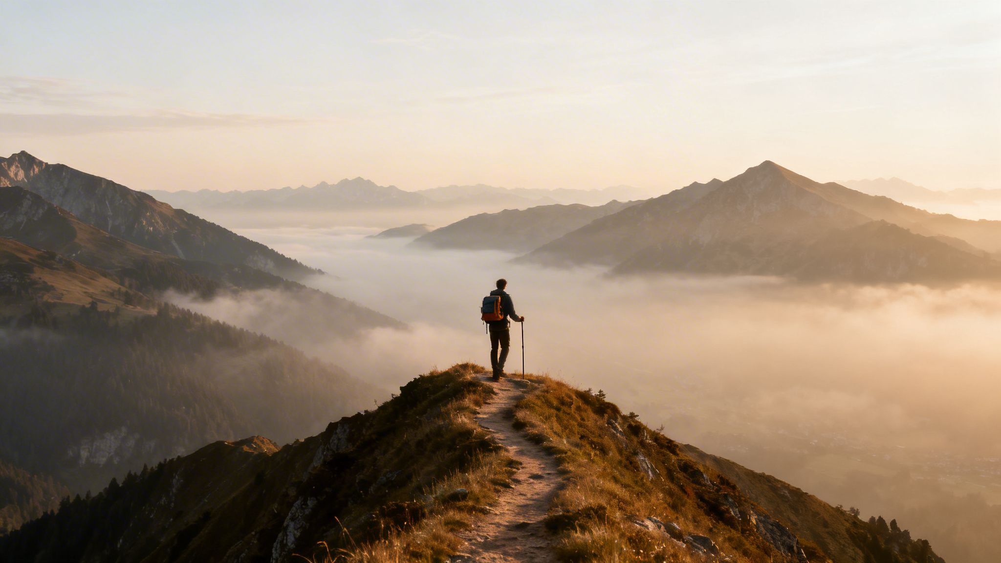 A lone hiker stands on a mountain ridge overlooking a foggy valley with distant peaks at sunrise.