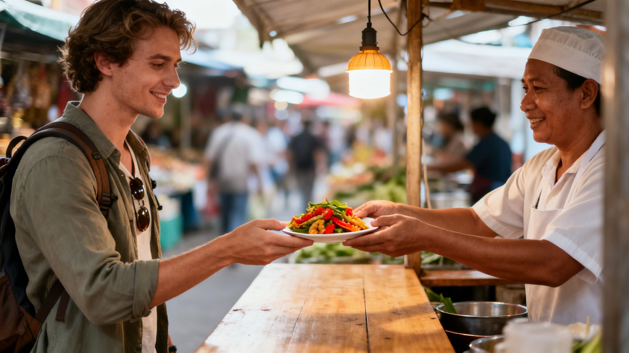 A smiling young man receives a plate of colorful street food from a cheerful vendor at a market.