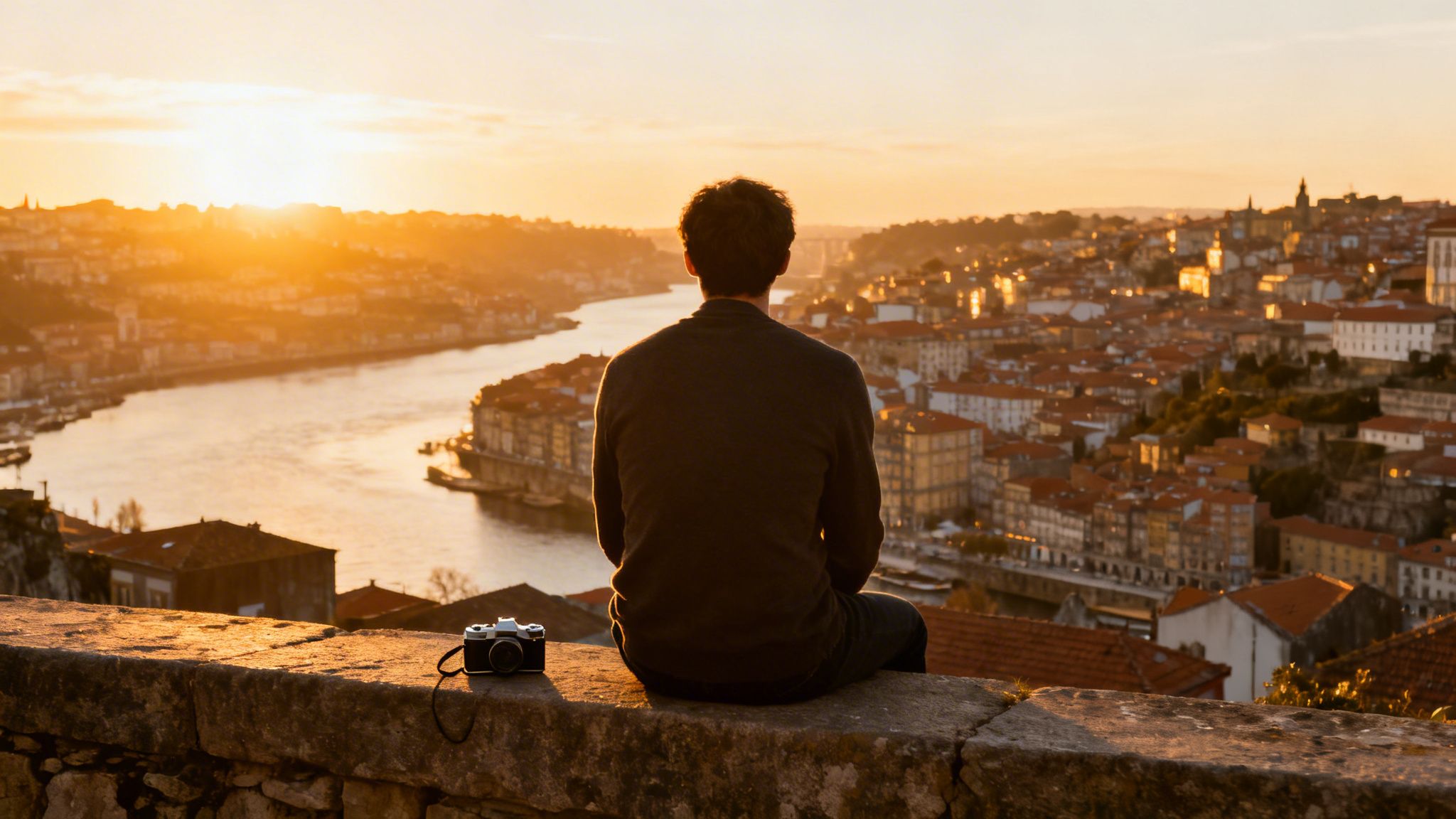 Man with a camera overlooking a stunning golden sunset cityscape with a river.