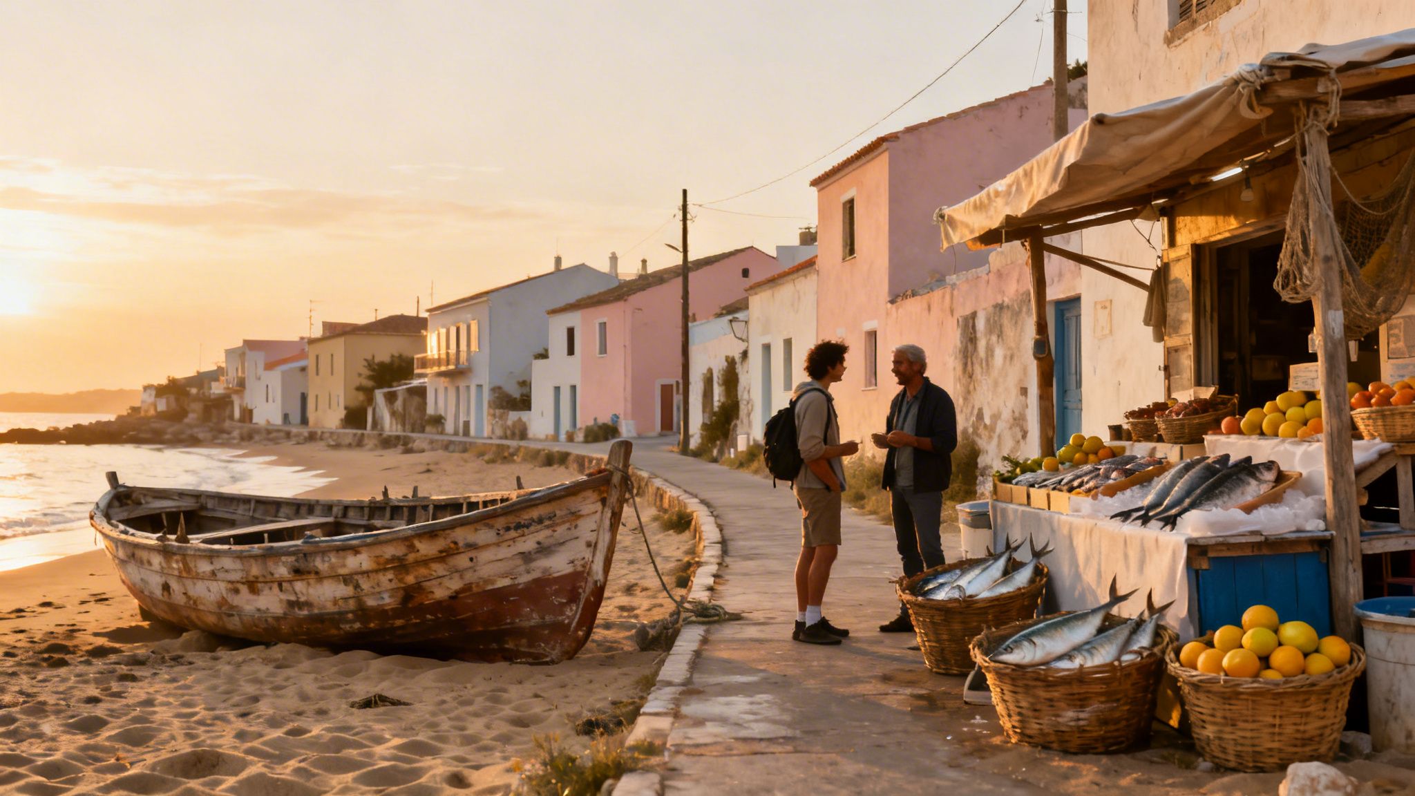 Sunset over a charming Greek coastal village with an old boat, colorful houses, and a lively fish market.