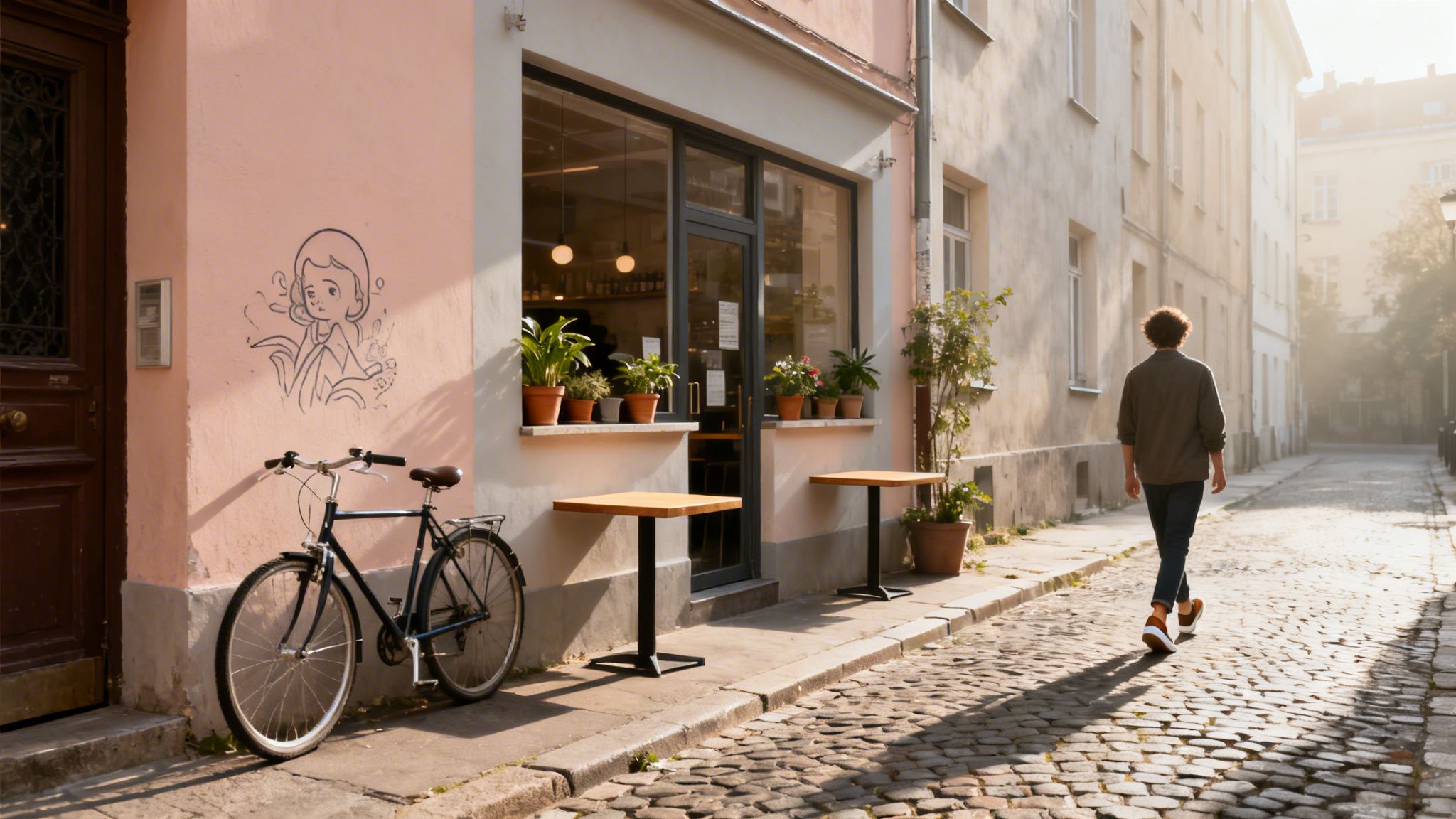A man walks down a sunlit cobblestone street past a quaint cafe with a bicycle outside.