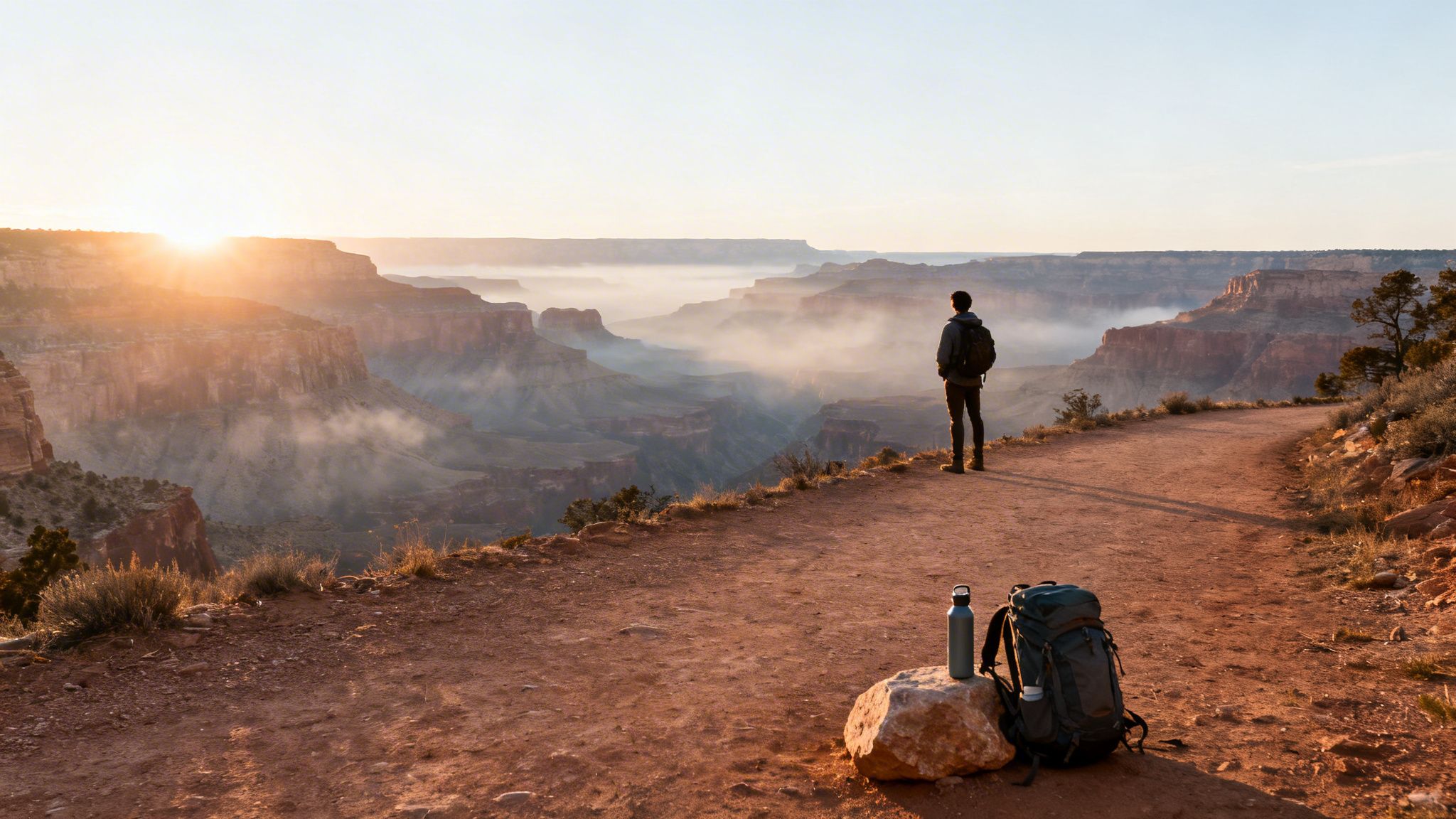 A lone hiker overlooks a majestic, fog-filled canyon at sunrise, with a backpack and water bottle nearby.