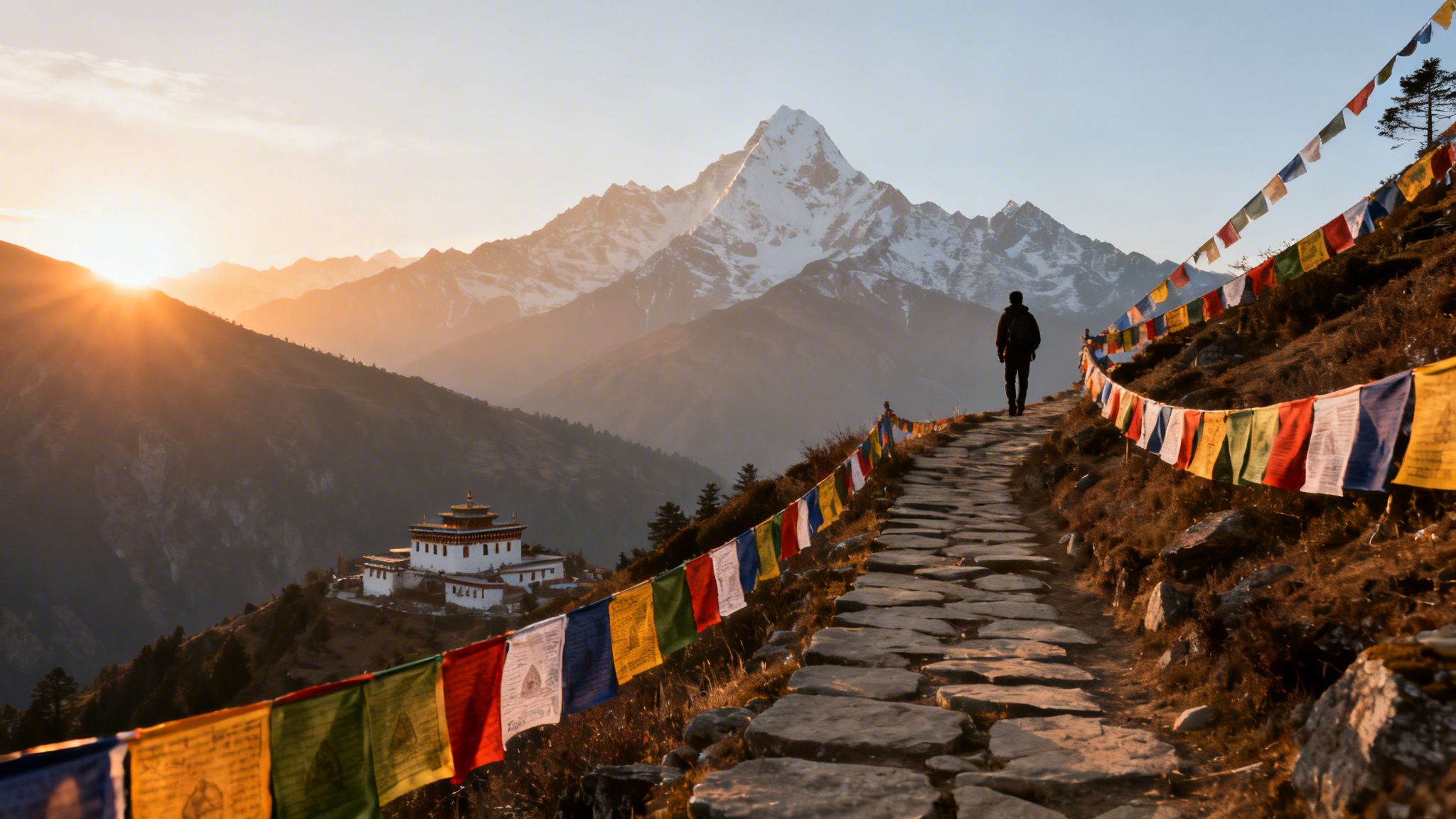 A lone hiker on a stone path with prayer flags overlooking a monastery, mountains, and sunrise.