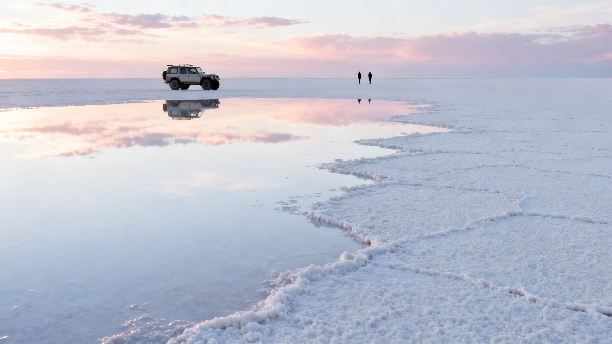 A grey SUV and two silhouettes stand on a reflective salt flat under a pastel sunset.