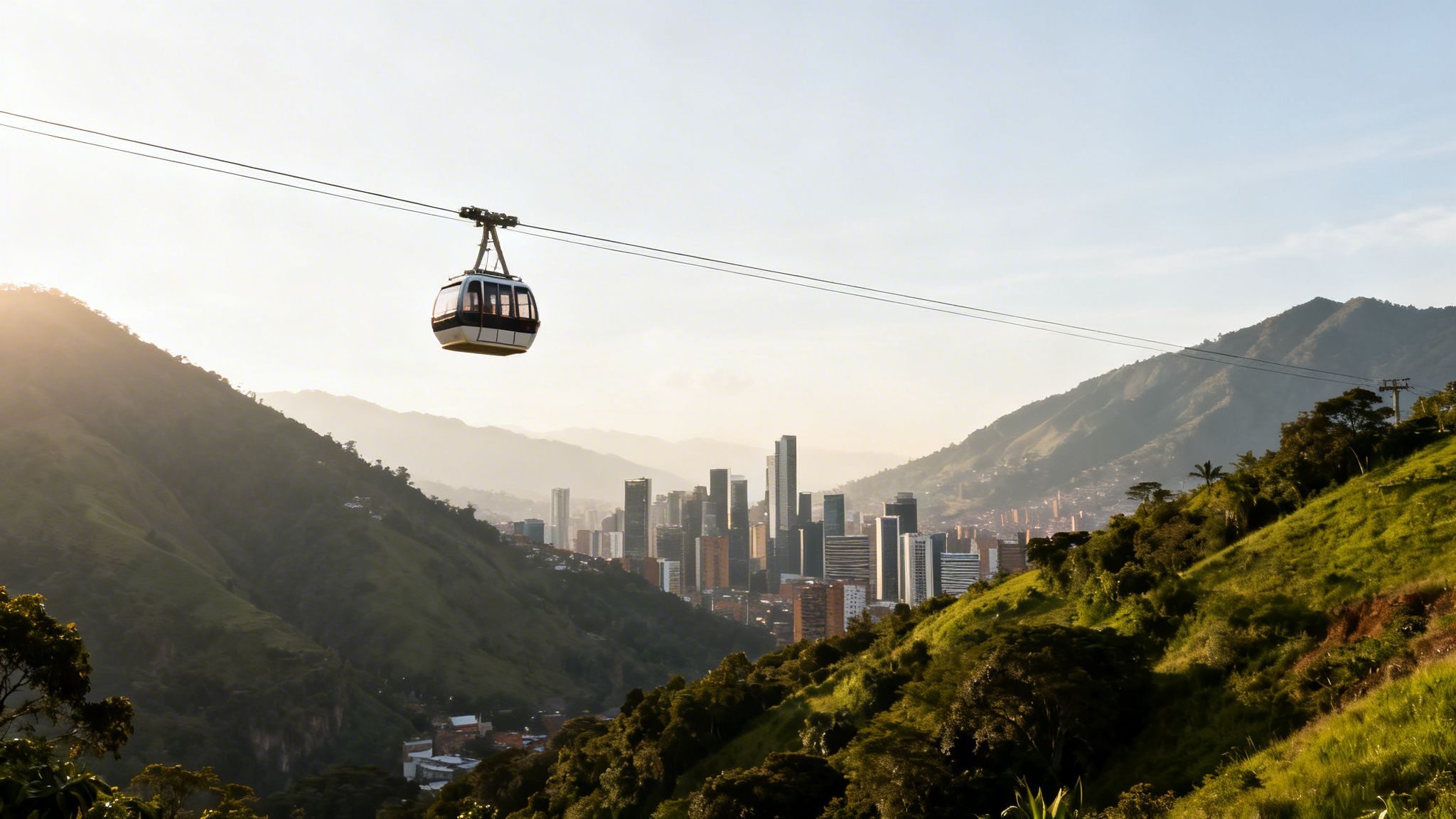 A white cable car glides over green mountains towards a city skyline at sunset.