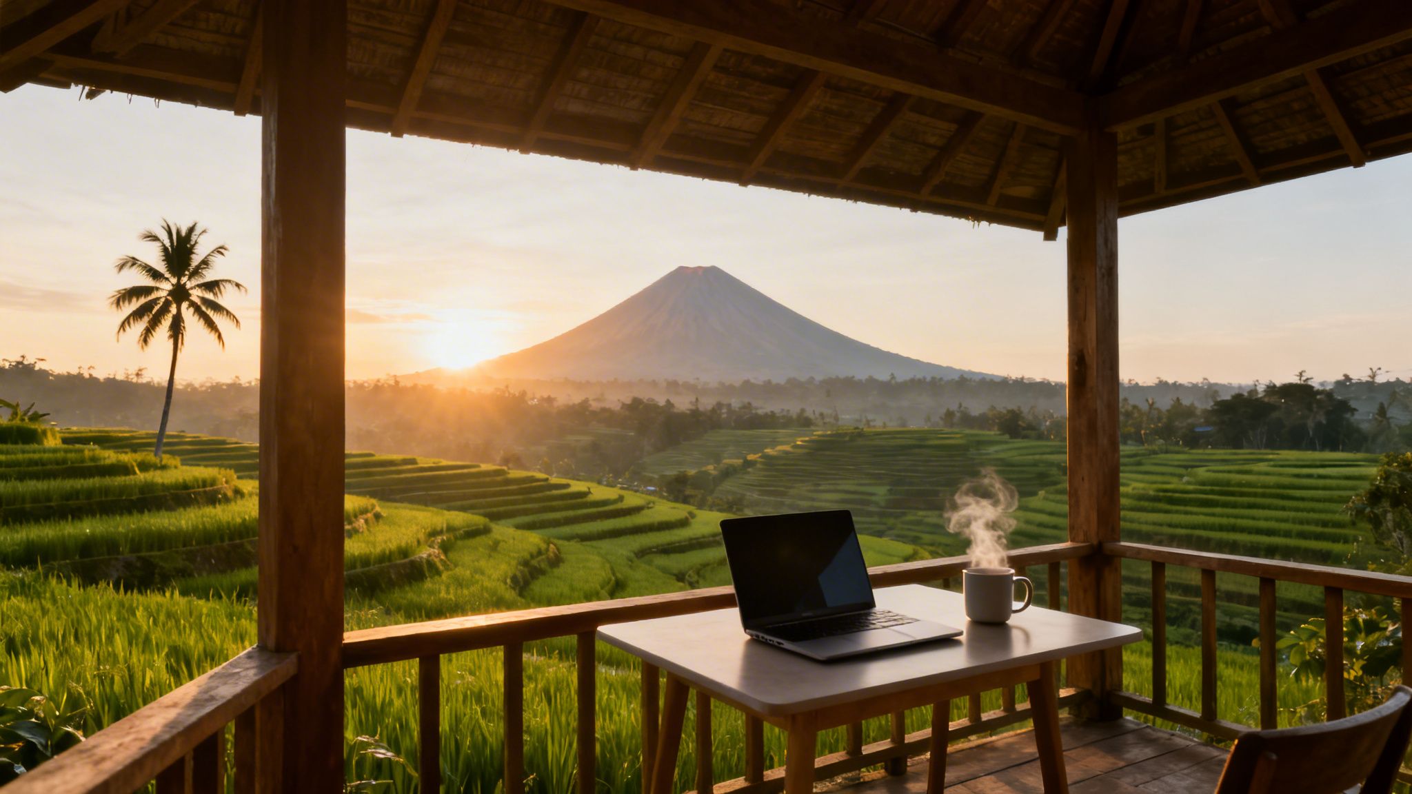 A laptop and steaming coffee on a balcony overlooking Bali rice terraces and a volcano at sunrise.