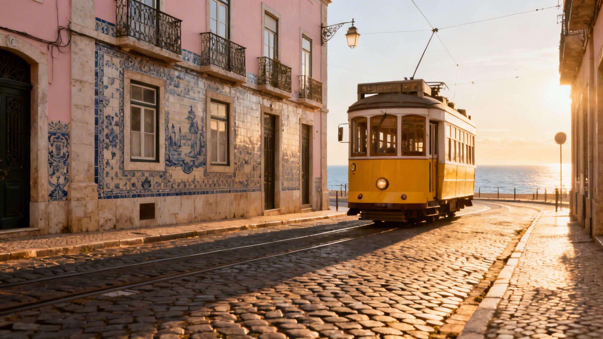 A historic yellow tram travels on a cobblestone street in Lisbon at sunset, next to a tiled building.