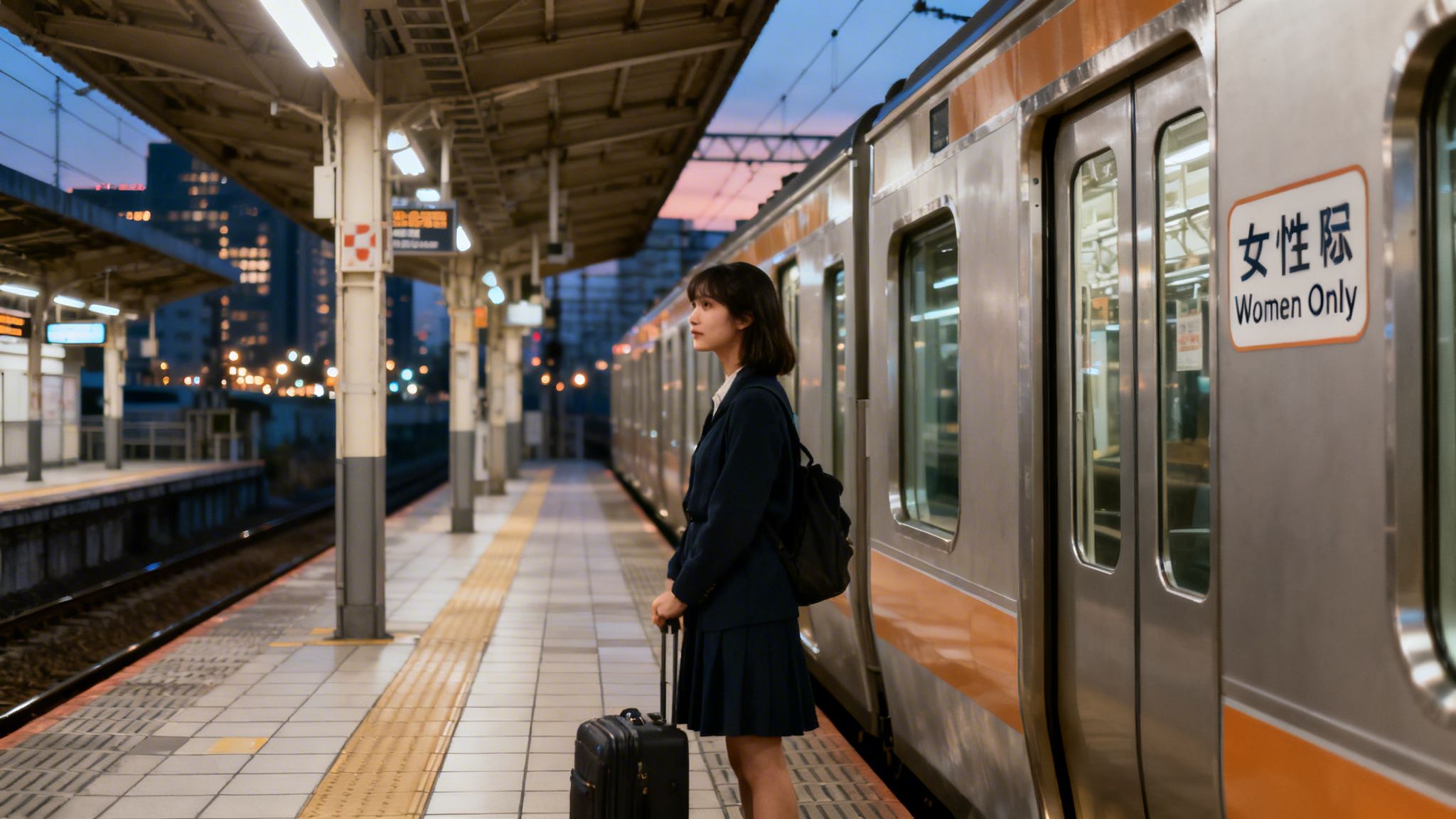 A young woman in a school uniform stands on a Japanese train platform at dusk, next to a "Women Only" carriage.