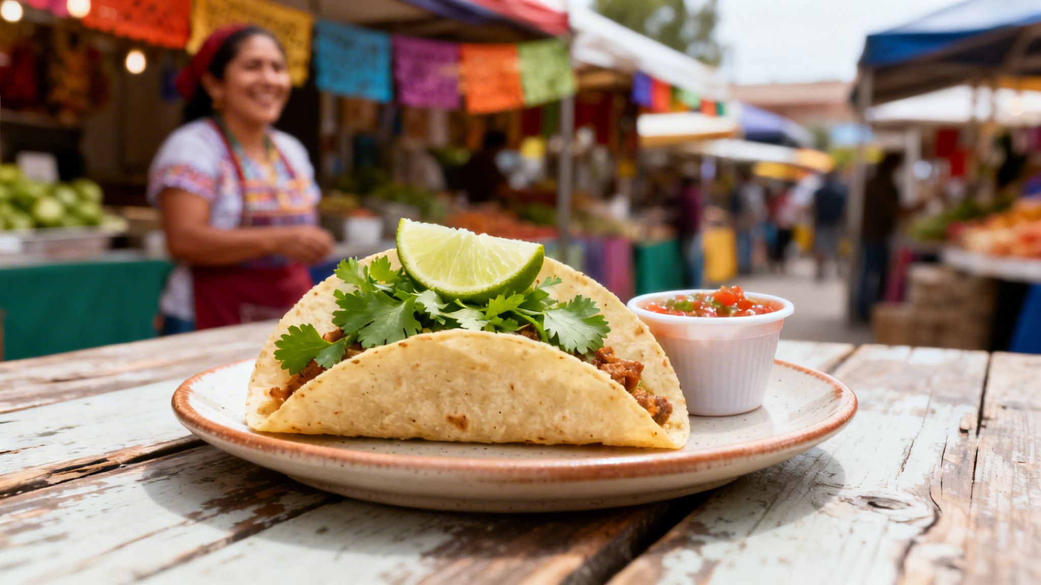 Two delicious tacos with cilantro, lime, and salsa on a wooden table at an outdoor market.