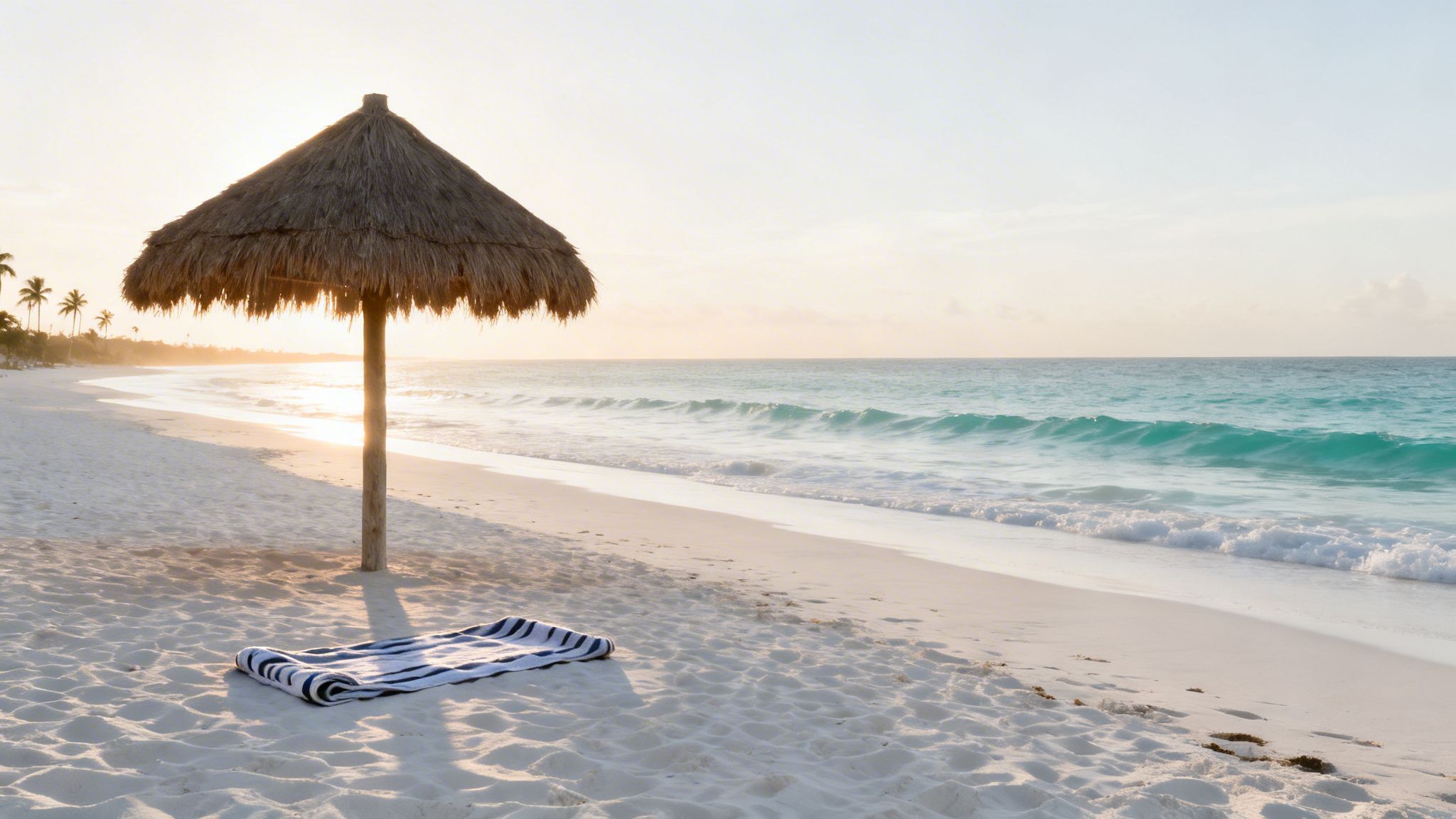 A tranquil beach at sunrise with a straw umbrella and a striped towel on the white sand.