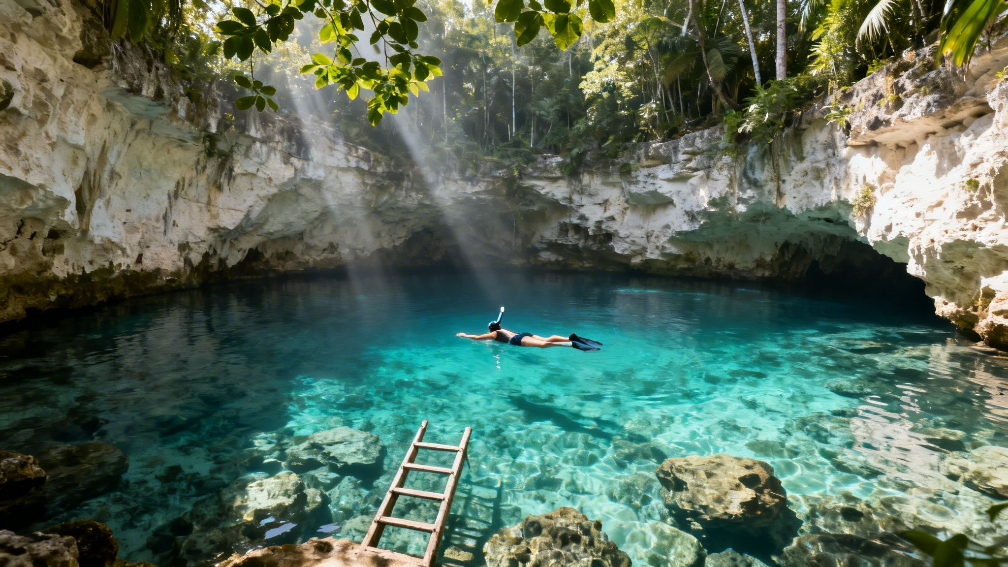 A person snorkeling in a crystal-clear cenote, with sunbeams piercing the water and lush green foliage.