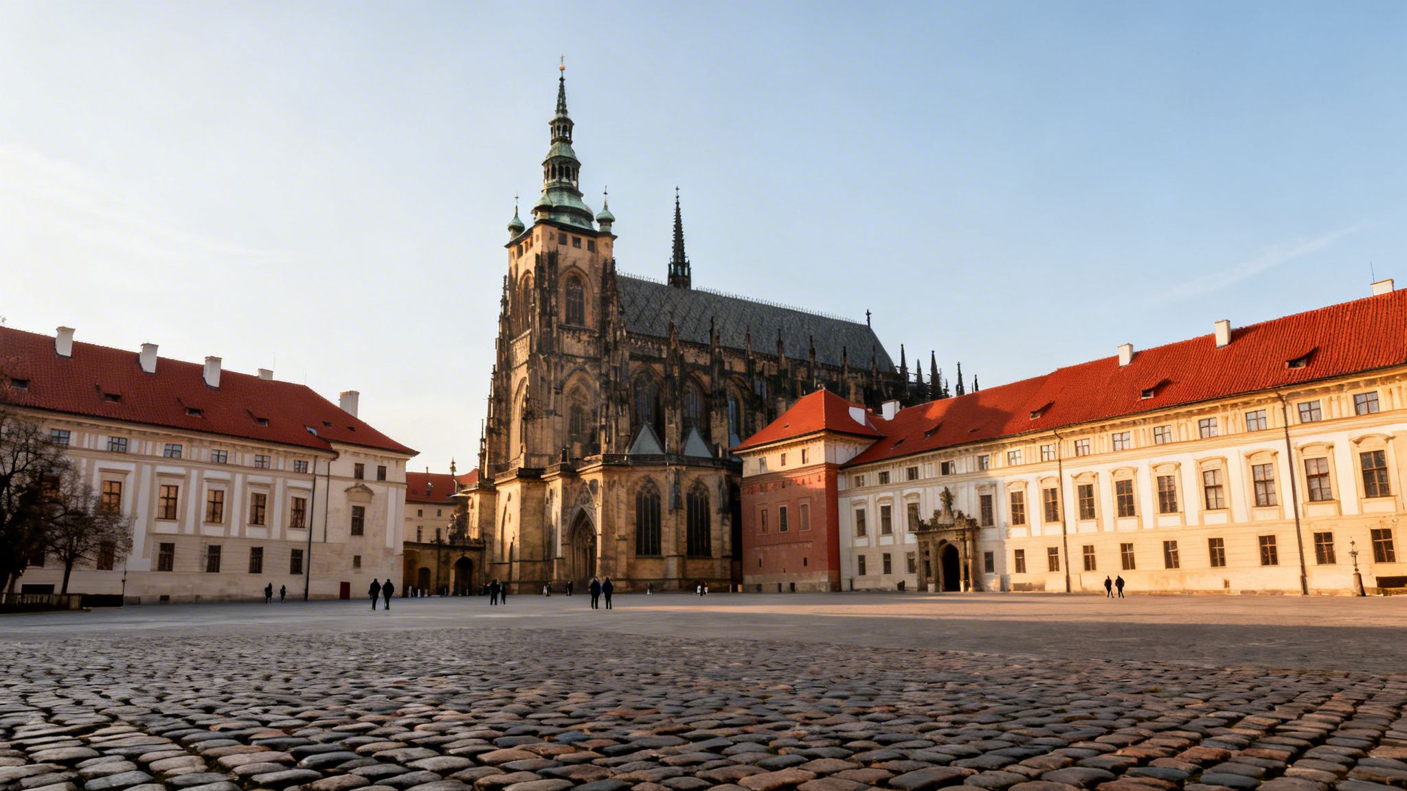 Grand St. Vitus Cathedral and historic buildings overlooking a vast cobbled square in Prague.