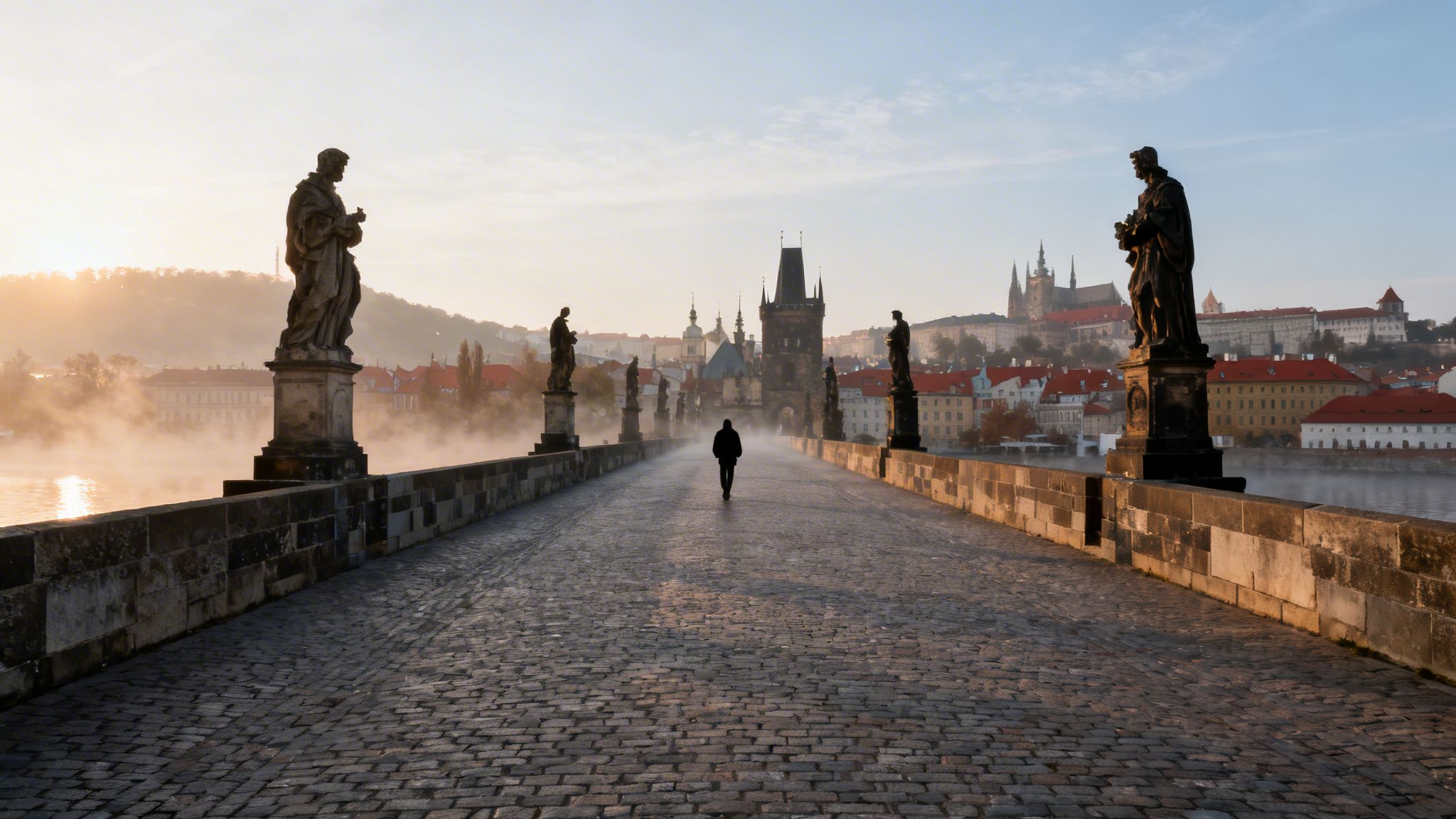 A solitary figure walks along a misty Charles Bridge in Prague at sunrise, surrounded by statues.