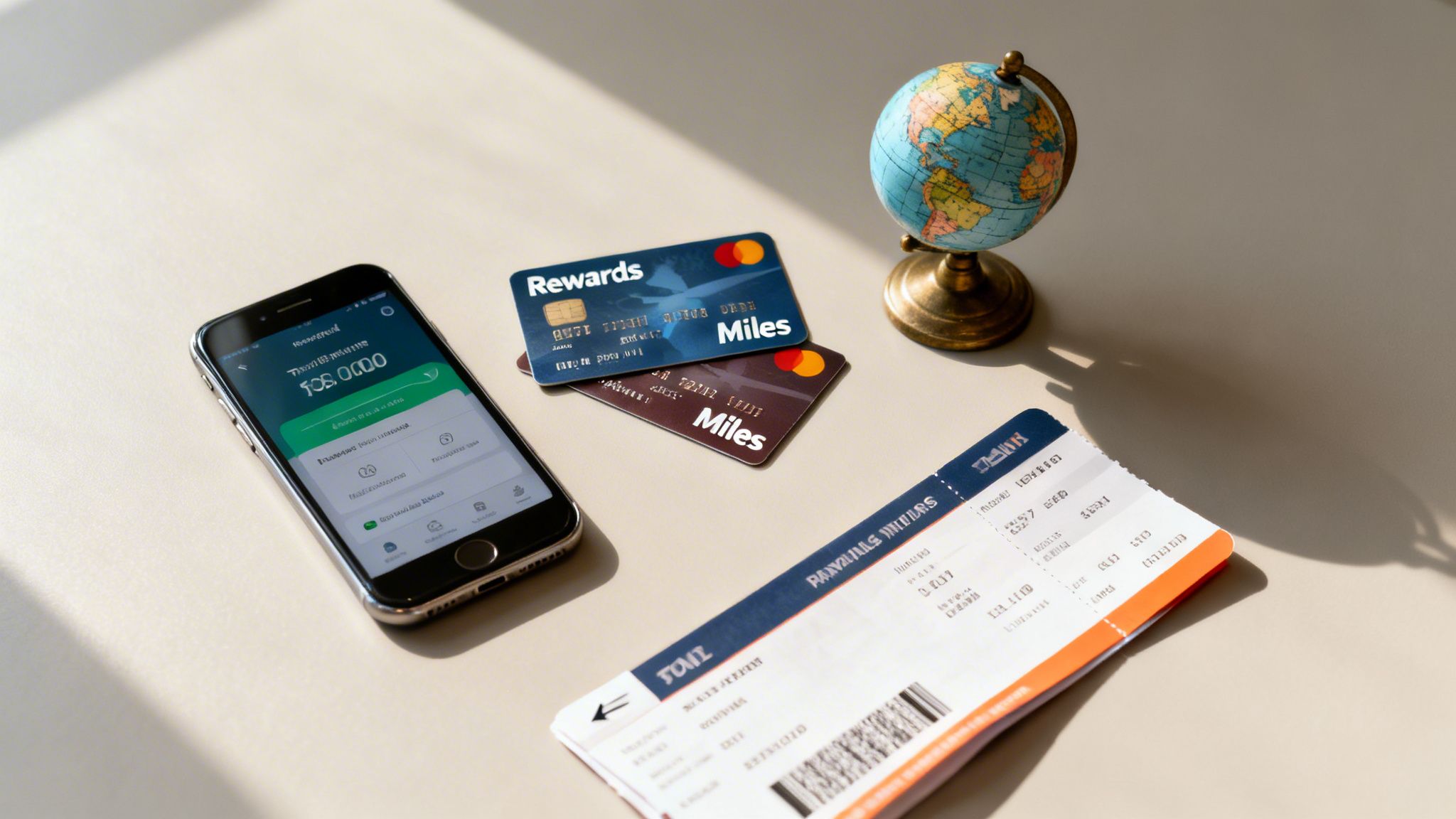 A flat lay of travel essentials: smartphone, rewards cards, a globe, and a flight ticket.