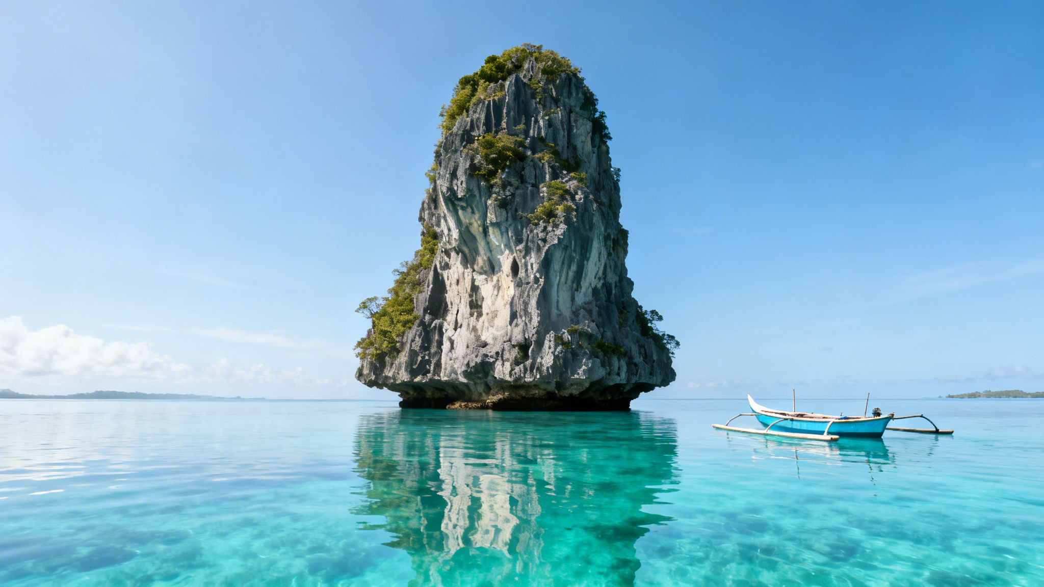 Blue boat on calm turquoise water near a towering tropical island under a clear sky.