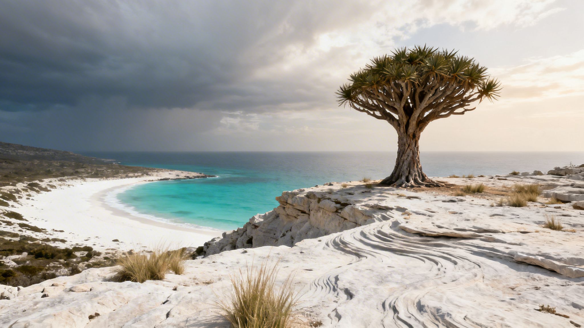 A unique tree on a white rocky cliff overlooking a pristine white sand beach and turquoise ocean.
