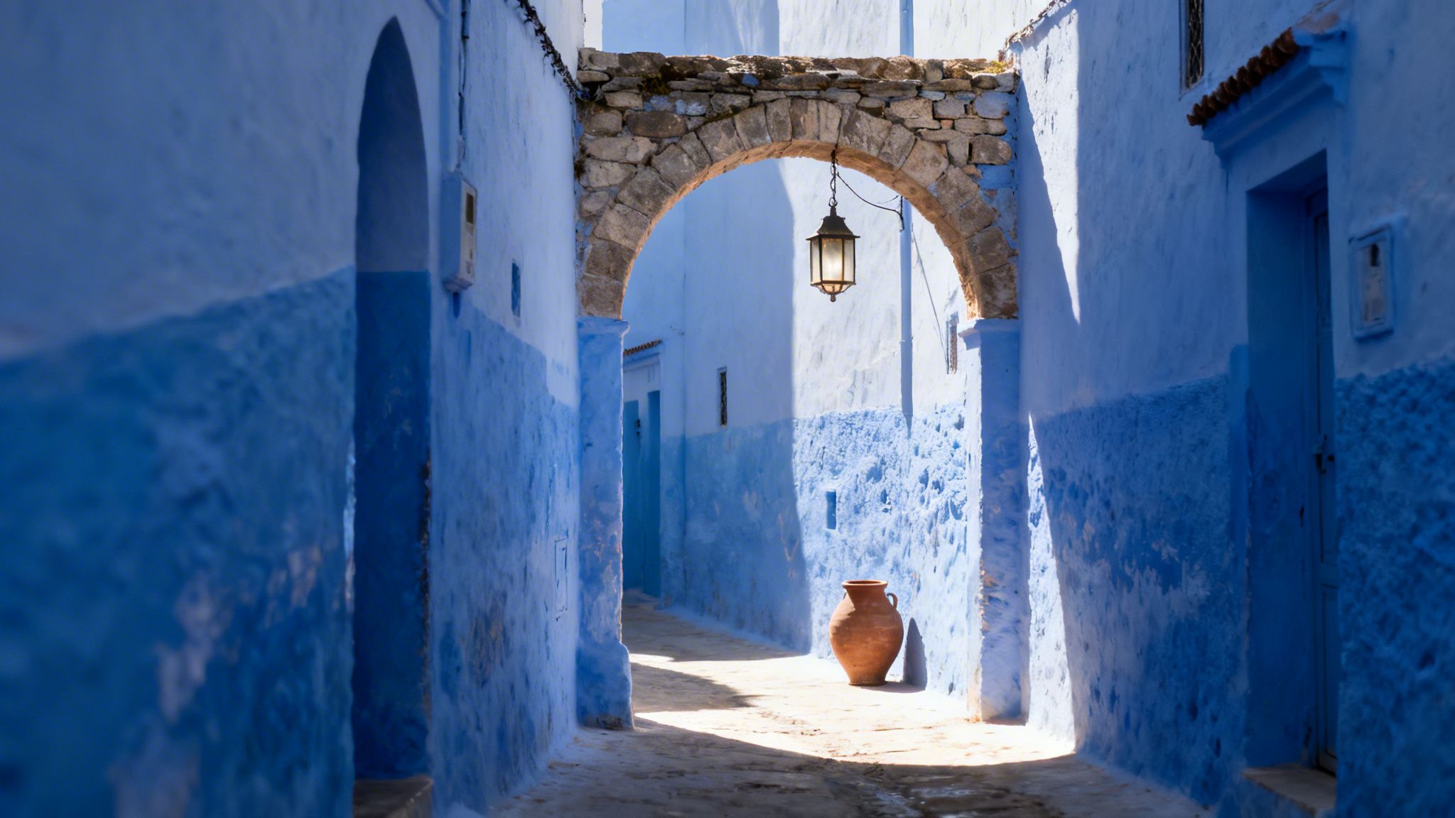 A picturesque blue alleyway in Chefchaouen with a stone arch, a hanging lantern, and a clay pot.