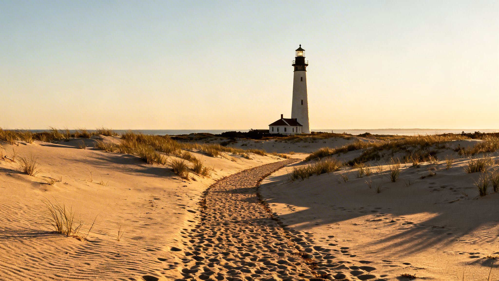 A scenic view of a white lighthouse at sunset, with a sandy path winding through dunes to the ocean.