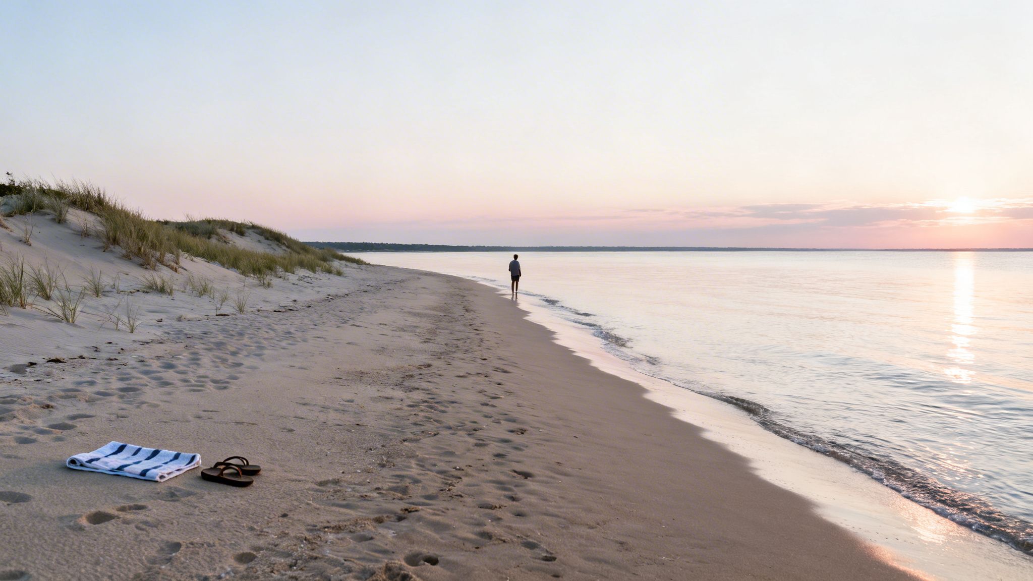 A person walks along a sandy beach at sunset, with dunes and the ocean. A towel and flip-flops lie on the sand.