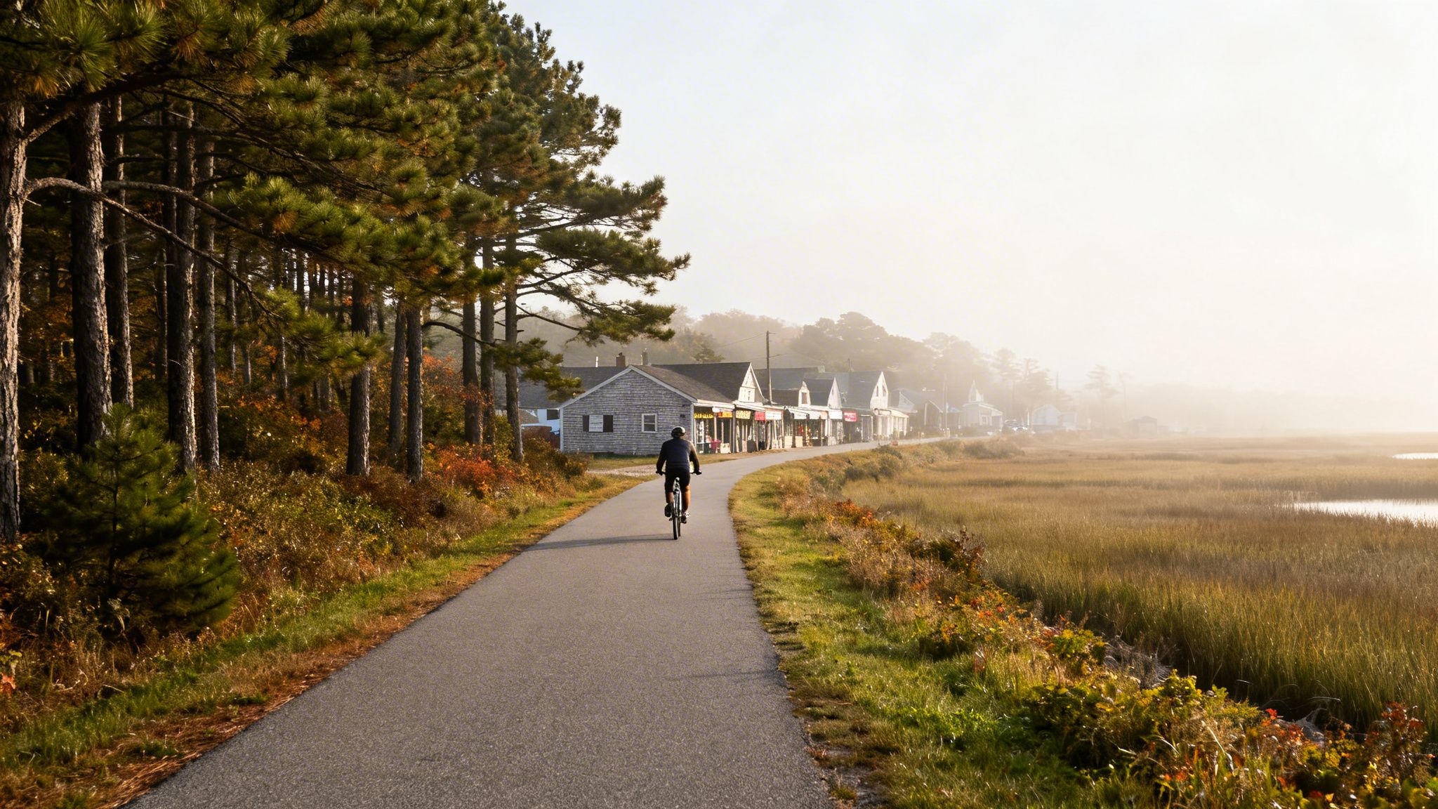 A person bikes along a scenic path beside a marsh, with a village and forest in the background.