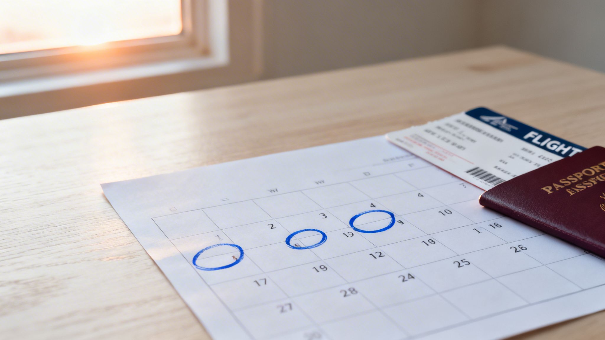 A calendar with circled dates, a passport, and a flight ticket lie on a wooden table, suggesting travel preparation.