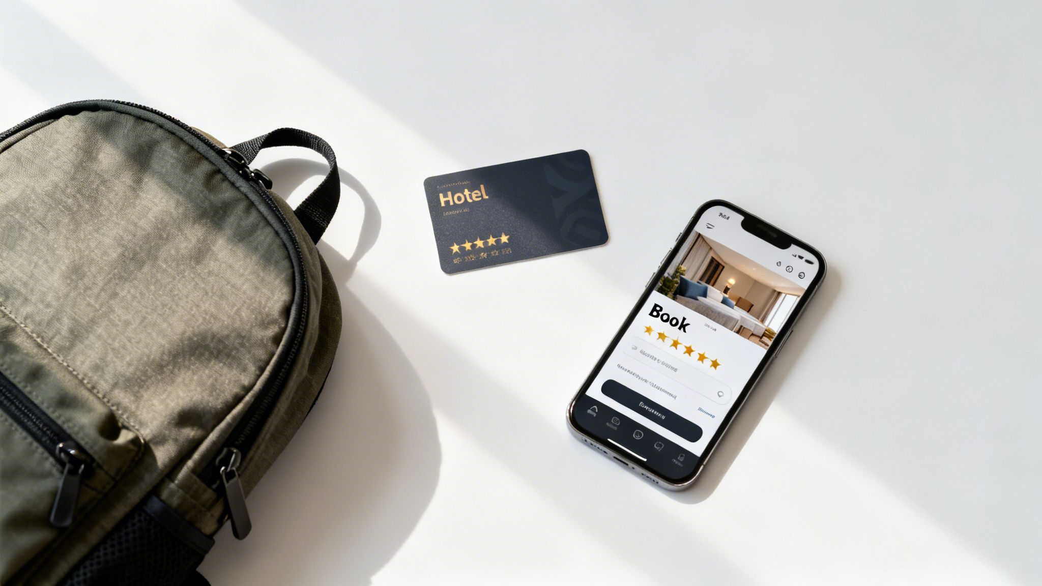 A travel flatlay with a backpack, hotel key card, and smartphone displaying a booking app.
