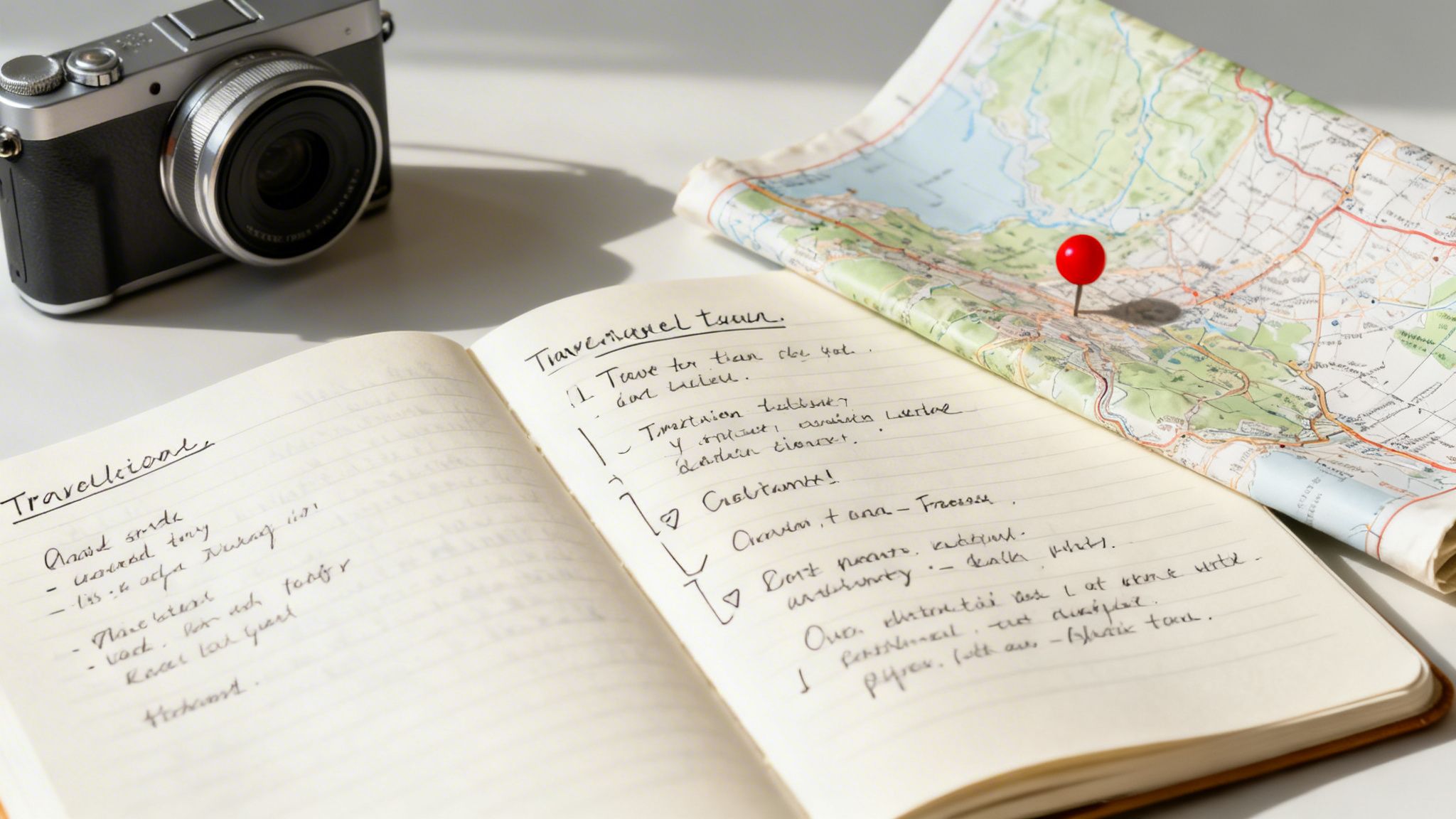 A camera, an open notebook with travel plans, and a map with a red pin for trip planning.