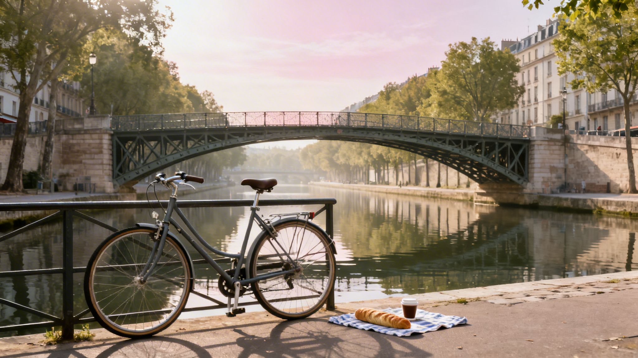 A bicycle parked by the Canal Saint-Martin in Paris with a bridge, trees, baguette, and coffee.