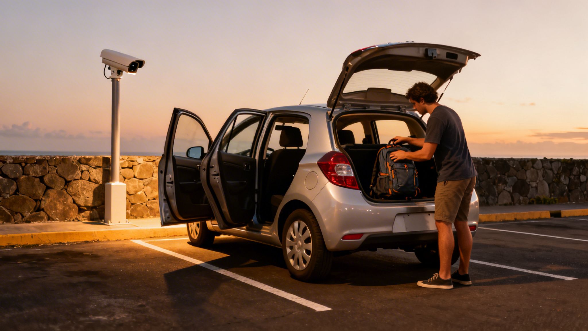 A man loading a backpack into the trunk of a silver car in a coastal parking lot at sunset.