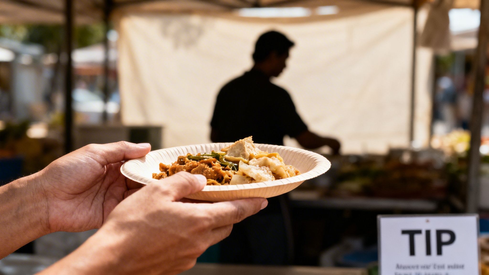 Hands holding a plate of delicious street food, including noodles and dumplings, at an outdoor market.