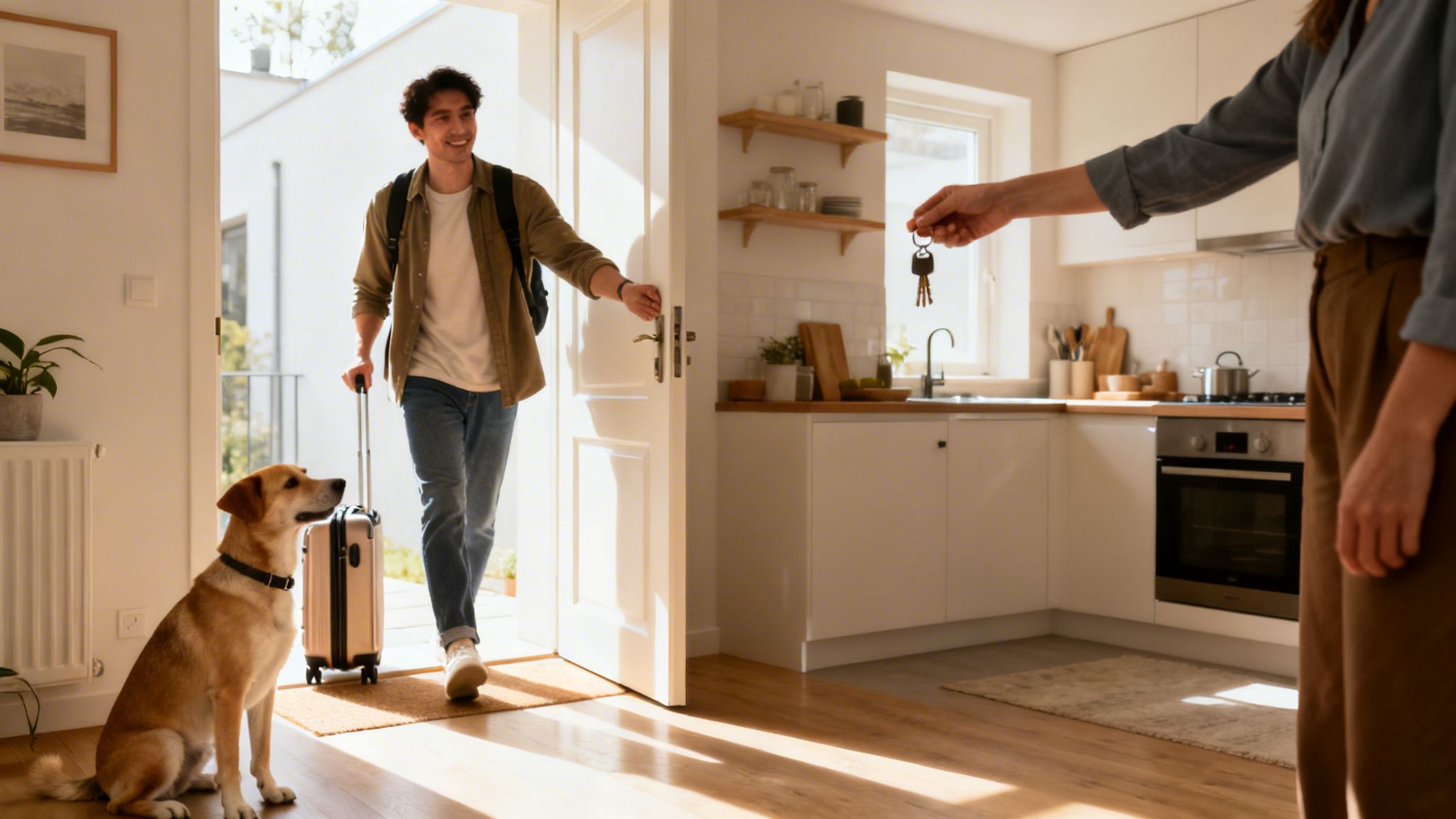 A smiling man and his dog entering a bright apartment, receiving keys.